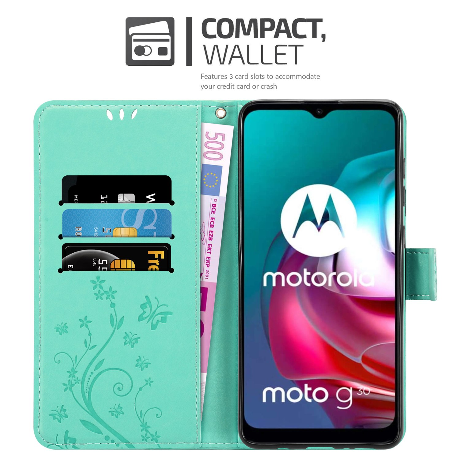 Custodia a portafoglio verde acqua con telefono, fessure per carte e banconota da 500 euro. Design floreale.