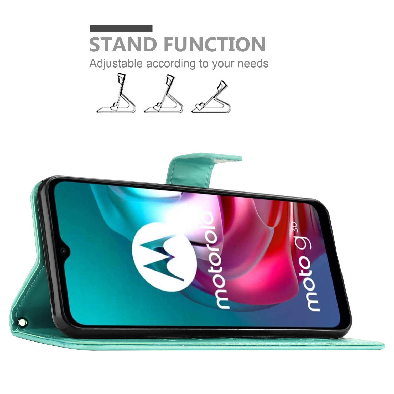 Custodia verde acqua con telefono, con funzione stand e logo moto g30.