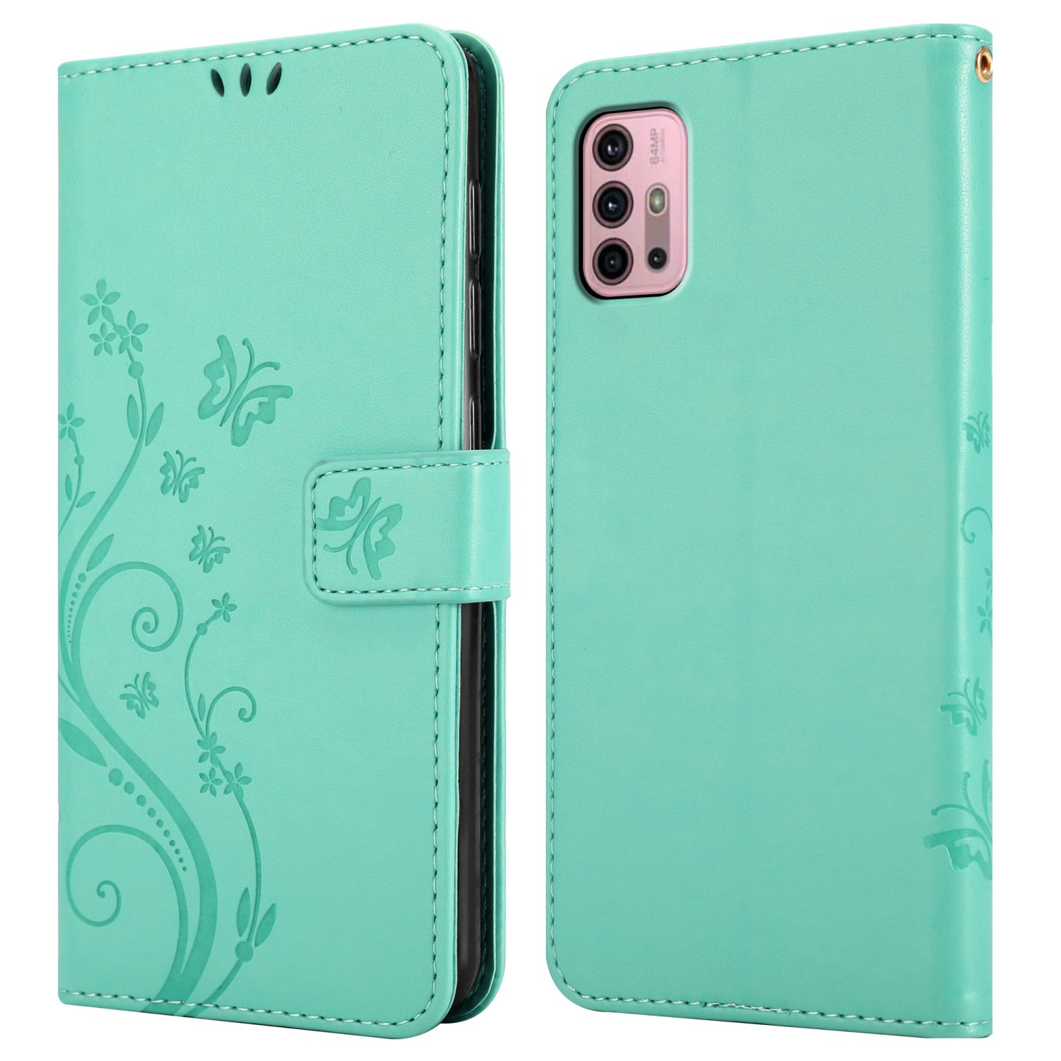 Custodia per telefono in due parti, colore menta. La custodia ha un design floreale, una chiusura. La custodia è aperta.
