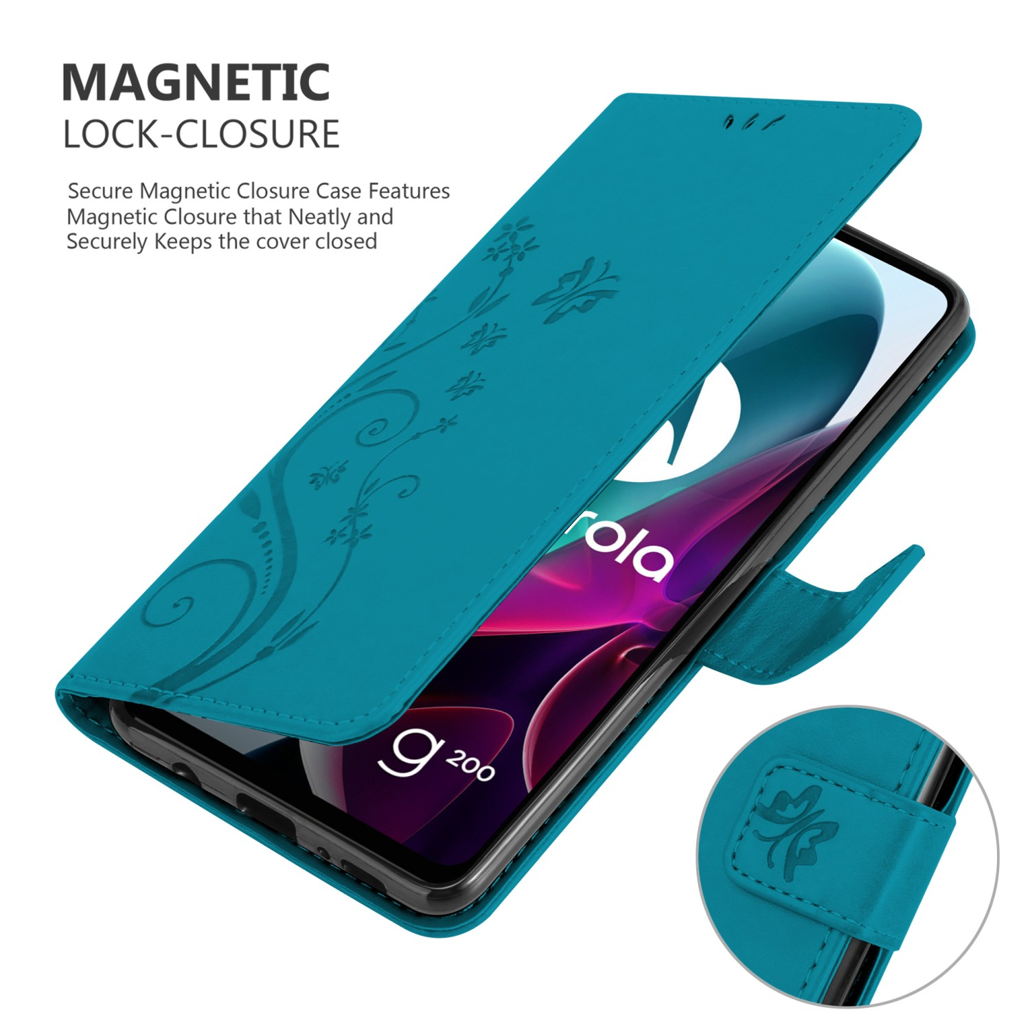 Custodia per telefono verde acqua con design floreale e chiusura magnetica.