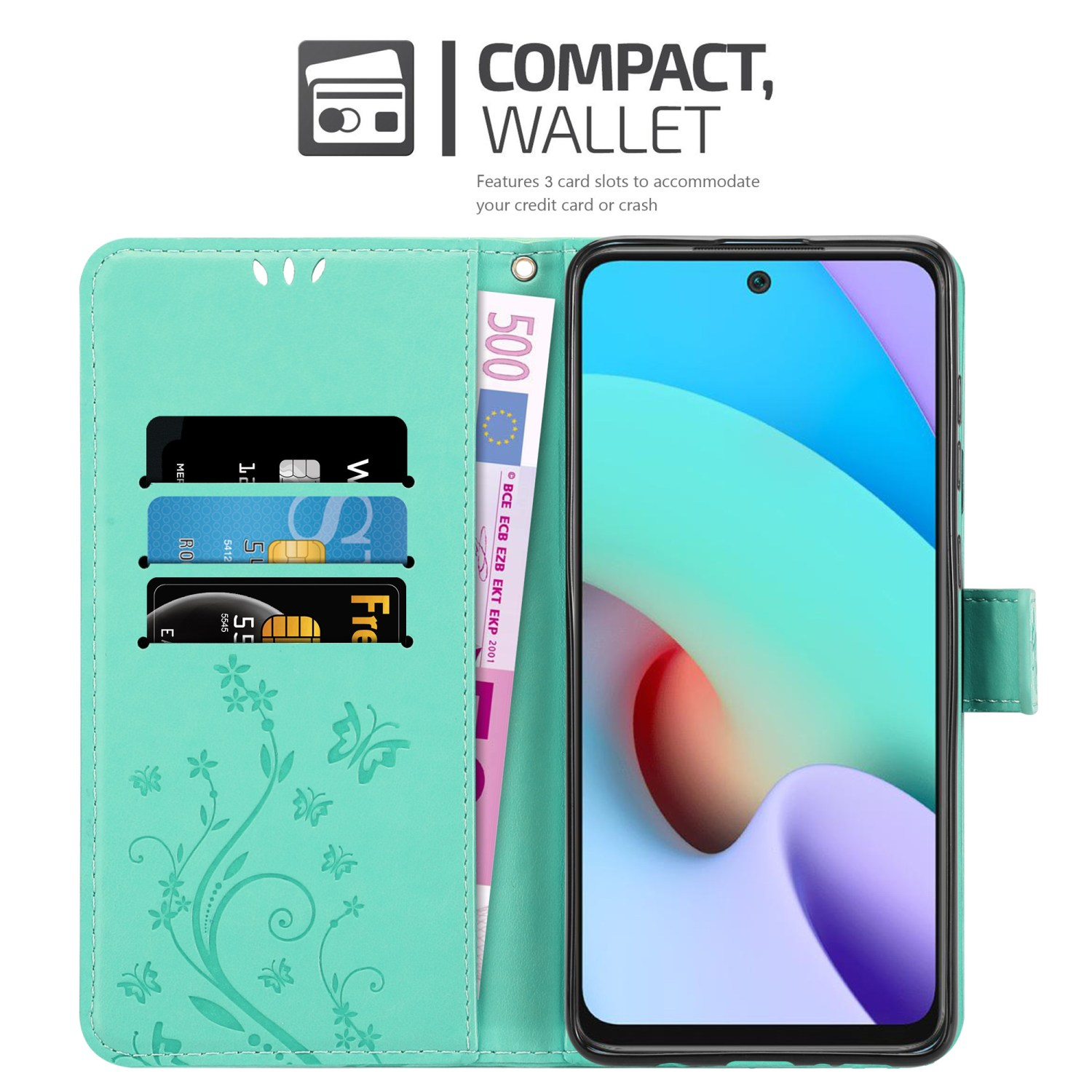 Portafoglio telefonico turchese aperto, con carte e contanti. Schermo del telefono visibile. Testo: Portafoglio compatto, 3 slot.