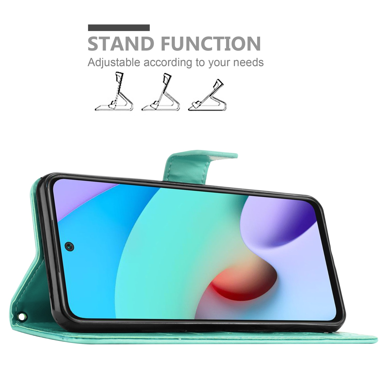 Una custodia per telefono verde acqua è aperta, mostrando un telefono con uno sfondo colorato.