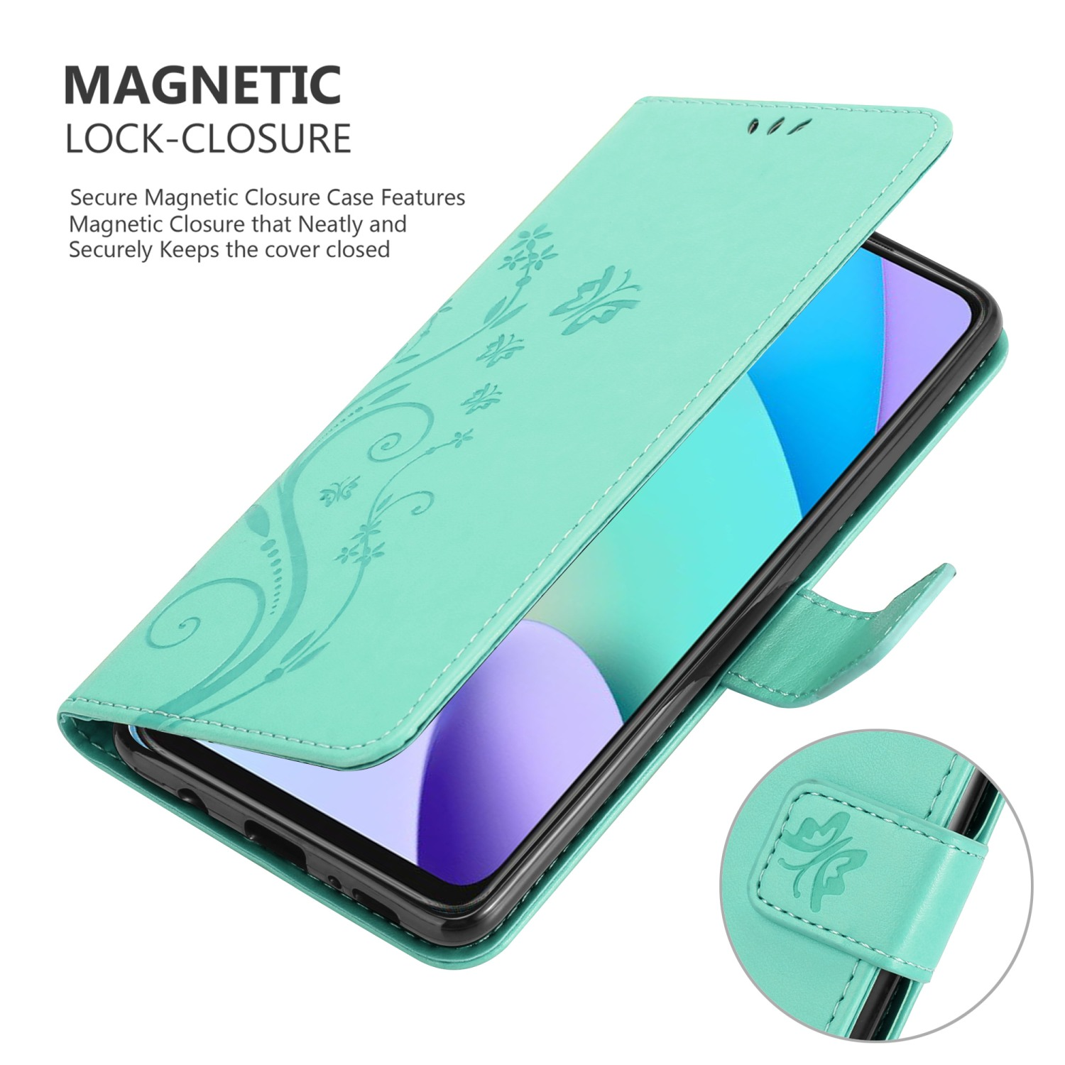 Una custodia per telefono verde acqua è aperta. La custodia è su una superficie bianca. La custodia ha un design floreale.