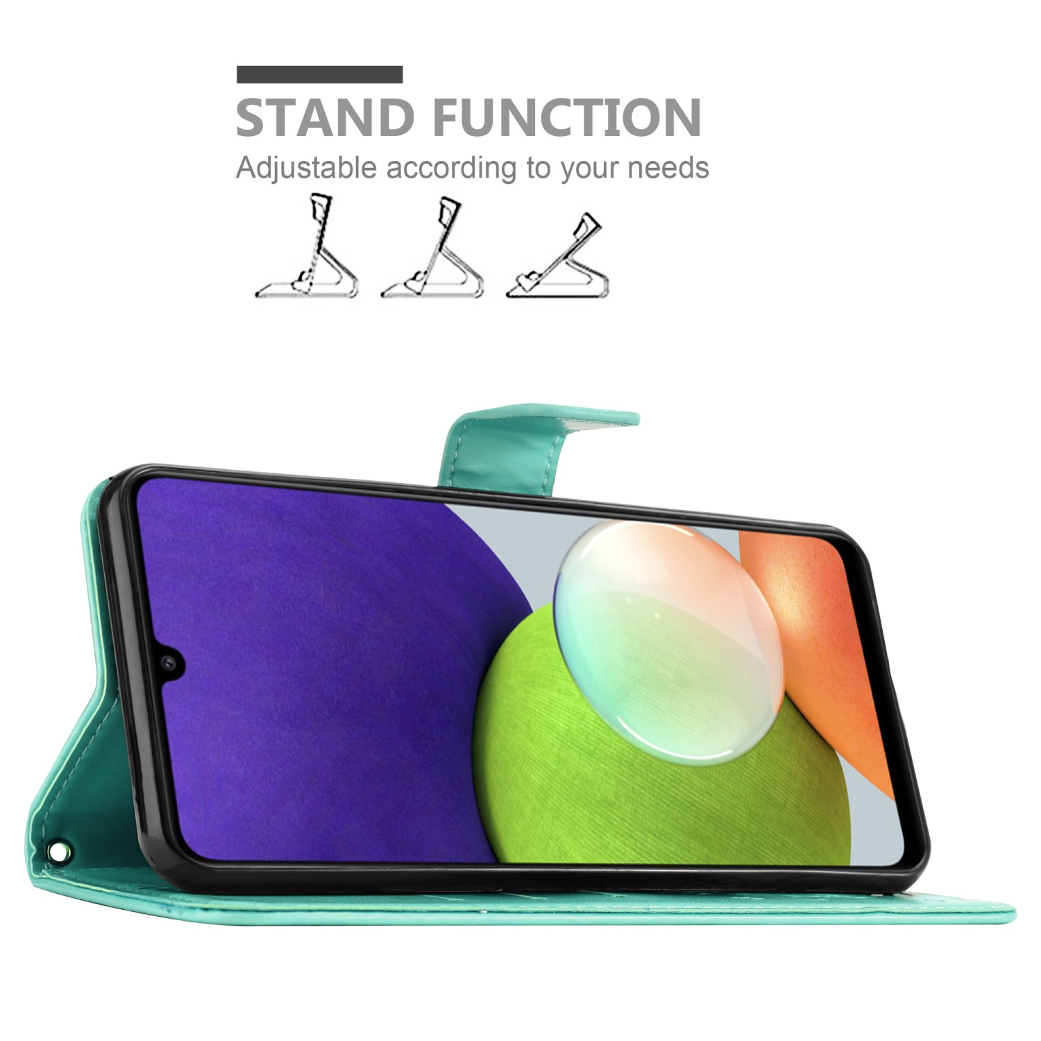 Custodia per telefono, aperta in verde, con un telefono all'interno. Funzione supporto, con diagrammi di supporto sullo sfondo.