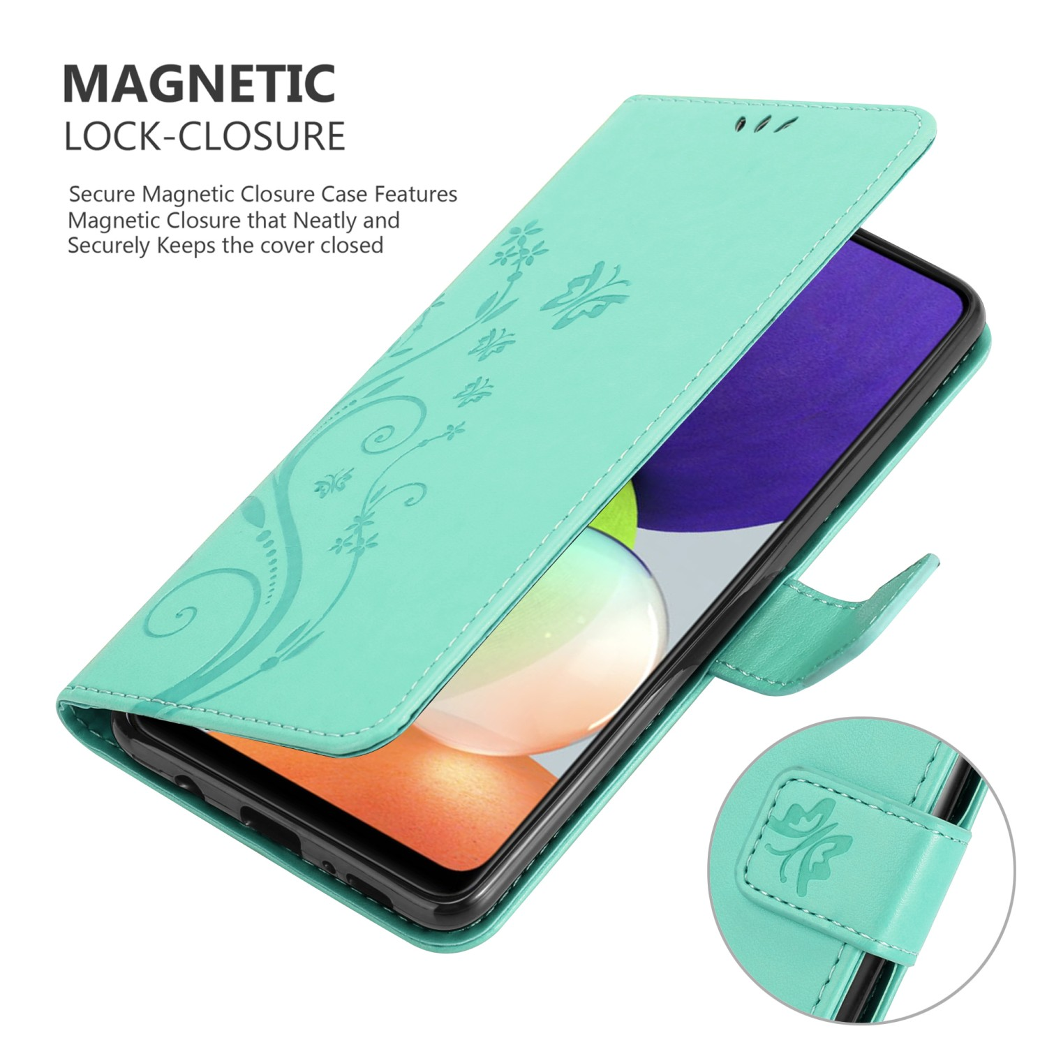 Custodia per telefono verde aperta, che rivela un telefono. La custodia ha un design floreale sulla cover e una chiusura magnetica.