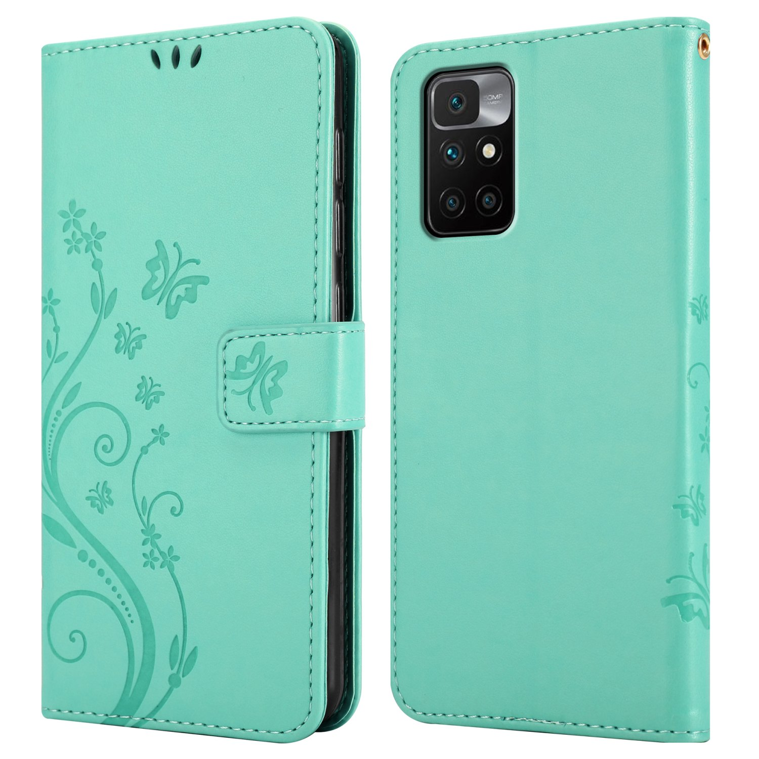 Una custodia per telefono verde menta con farfalle, aperta, che mostra il telefono. La custodia è in similpelle.