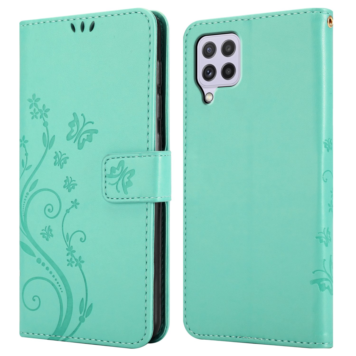 Custodia per telefono verde acqua aperta con disegni floreali. La custodia ha una chiusura magnetica.