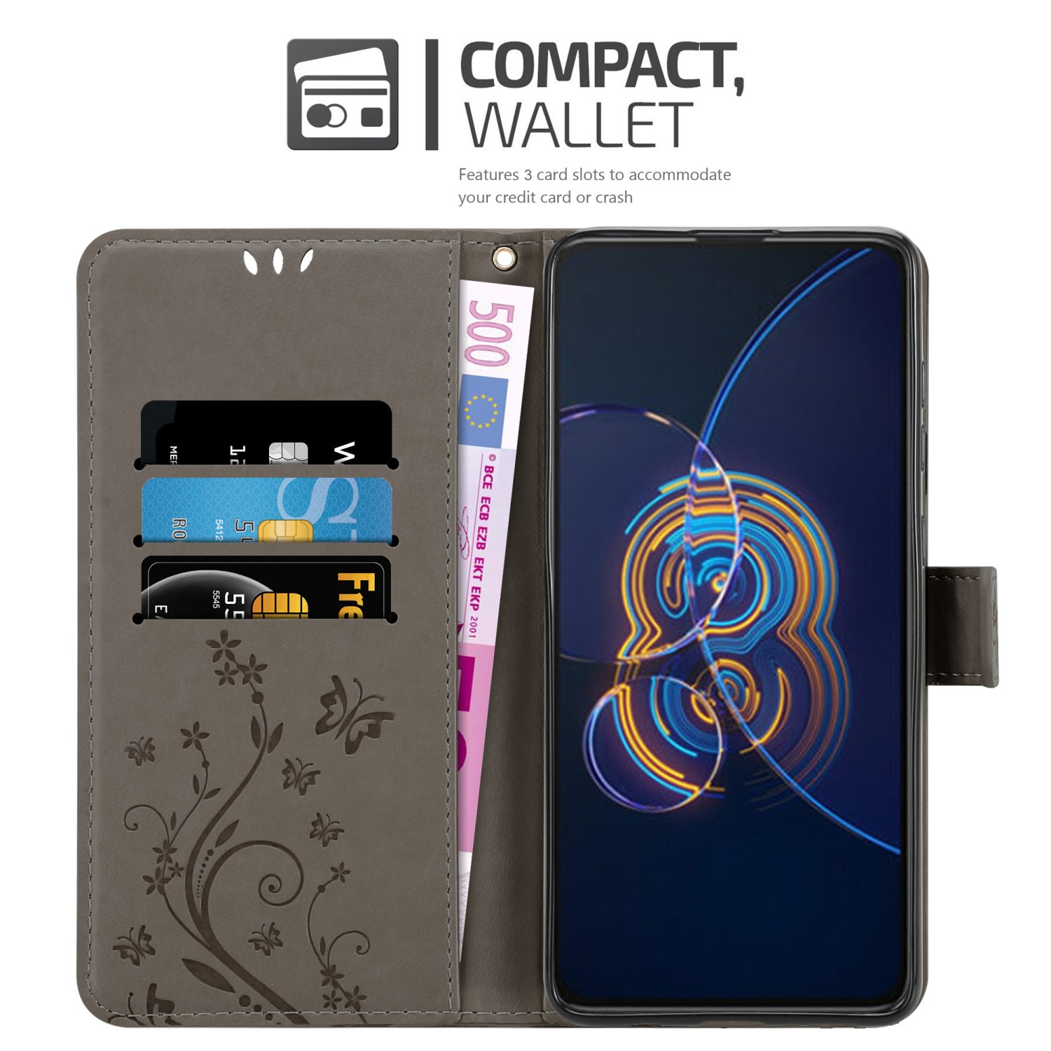 Custodia grigia aperta con carte, contanti e telefono con design astratto. Testo: Portafoglio.