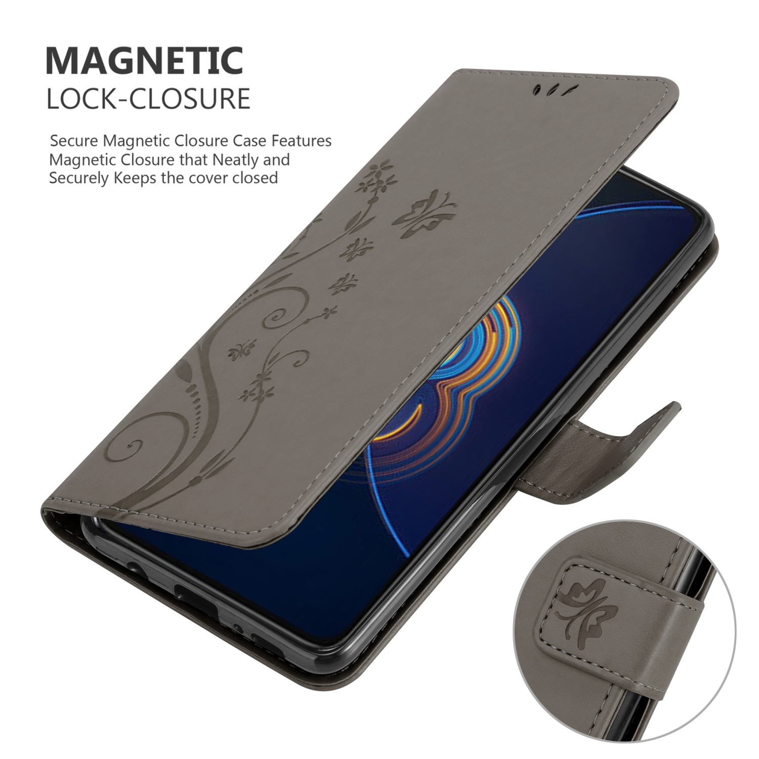 Custodia per telefono grigia con design floreale, aperta, telefono all'interno, con dettaglio della chiusura magnetica.