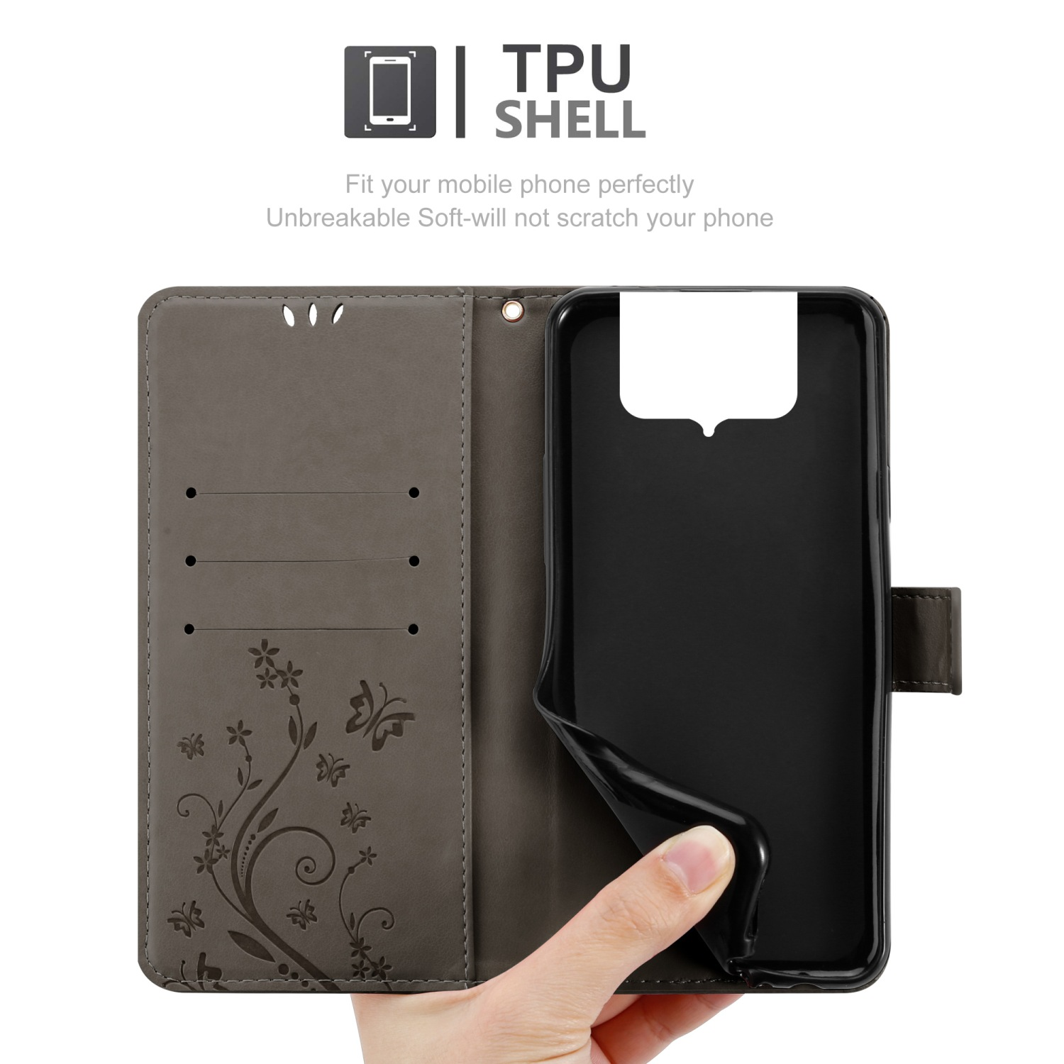 Custodia grigia aperta, guscio in TPU. Mano che tiene il telefono. Design floreale, farfalle visibili.