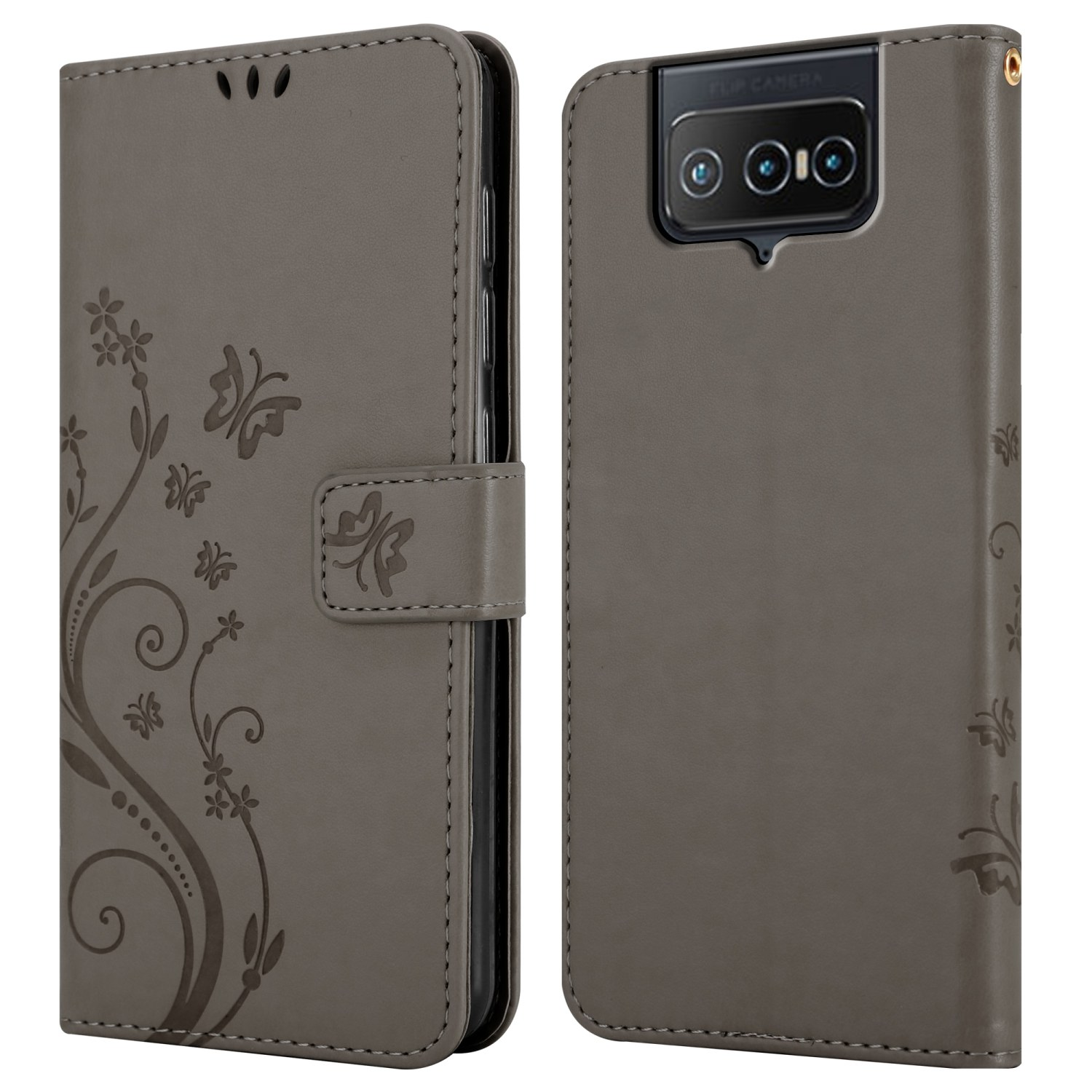Custodia per telefono in pelle grigia, aperta. Presenta un design floreale e dettagli a farfalla. Due lati visibili.
