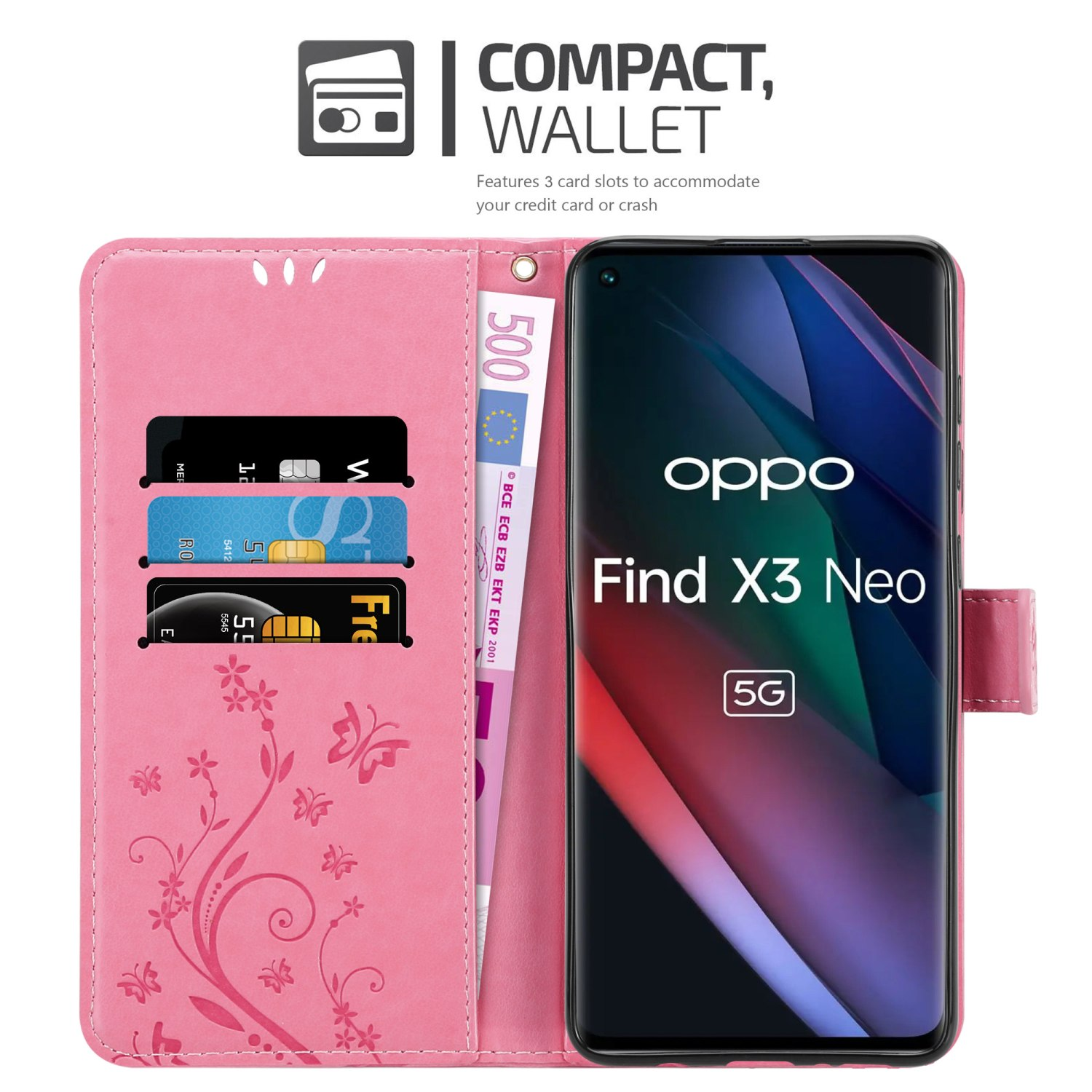 Rosa Wallet-Case mit Kartenfächern und einem Telefon, das Oppo Find X3 Neo 5G zeigt.