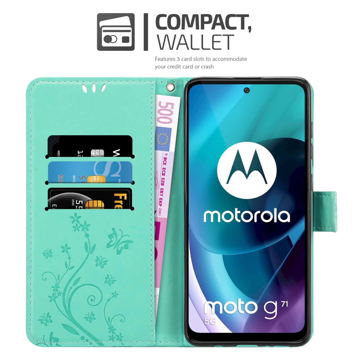 Custodia per telefono turchese, aperta, con carte e banconota. Design floreale, telefono con 'moto g71'.