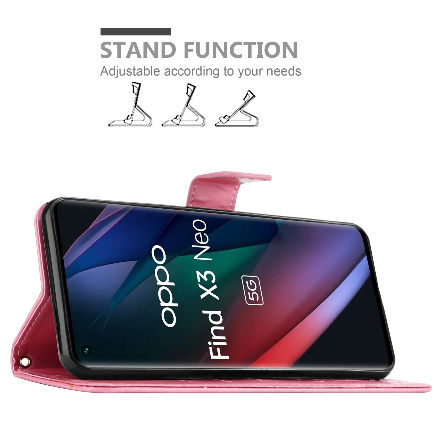 Rosa Handyhülle mit Telefon im Inneren, Standfunktion. Das Telefon zeigt Oppo Find X3 Neo 5G.