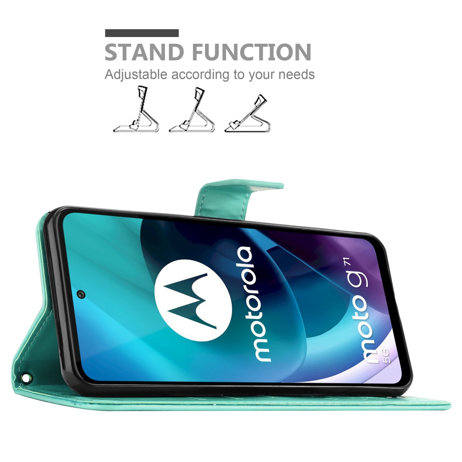 Custodia turchese aperta, che mostra un telefono con il logo Motorola. Funzione stand mostrata.