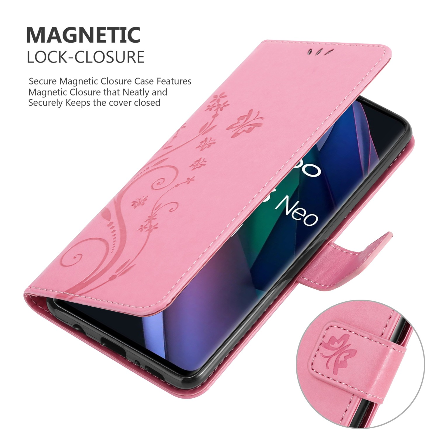 Rosa Handyhülle mit floralem Design, zeigt ein Telefon im Inneren. Es hat einen Magnetverschluss.