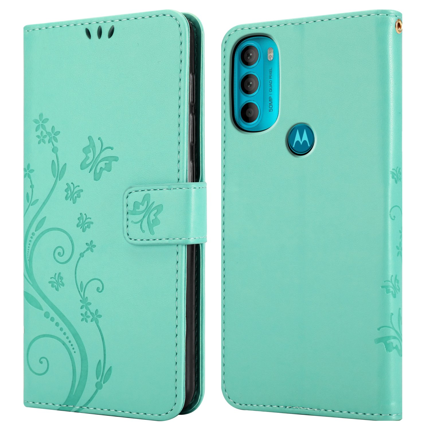 Una custodia per telefono verde menta, aperta per rivelare il telefono, con design floreale e configurazione della fotocamera.