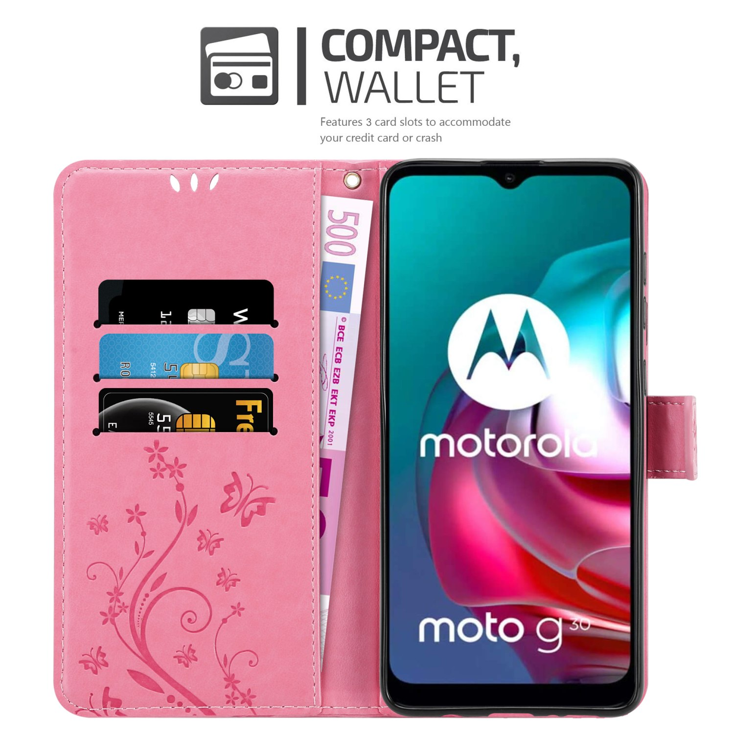 Custodia rosa per telefono con slot per carte. Mostra telefono, carte e 500 euro.