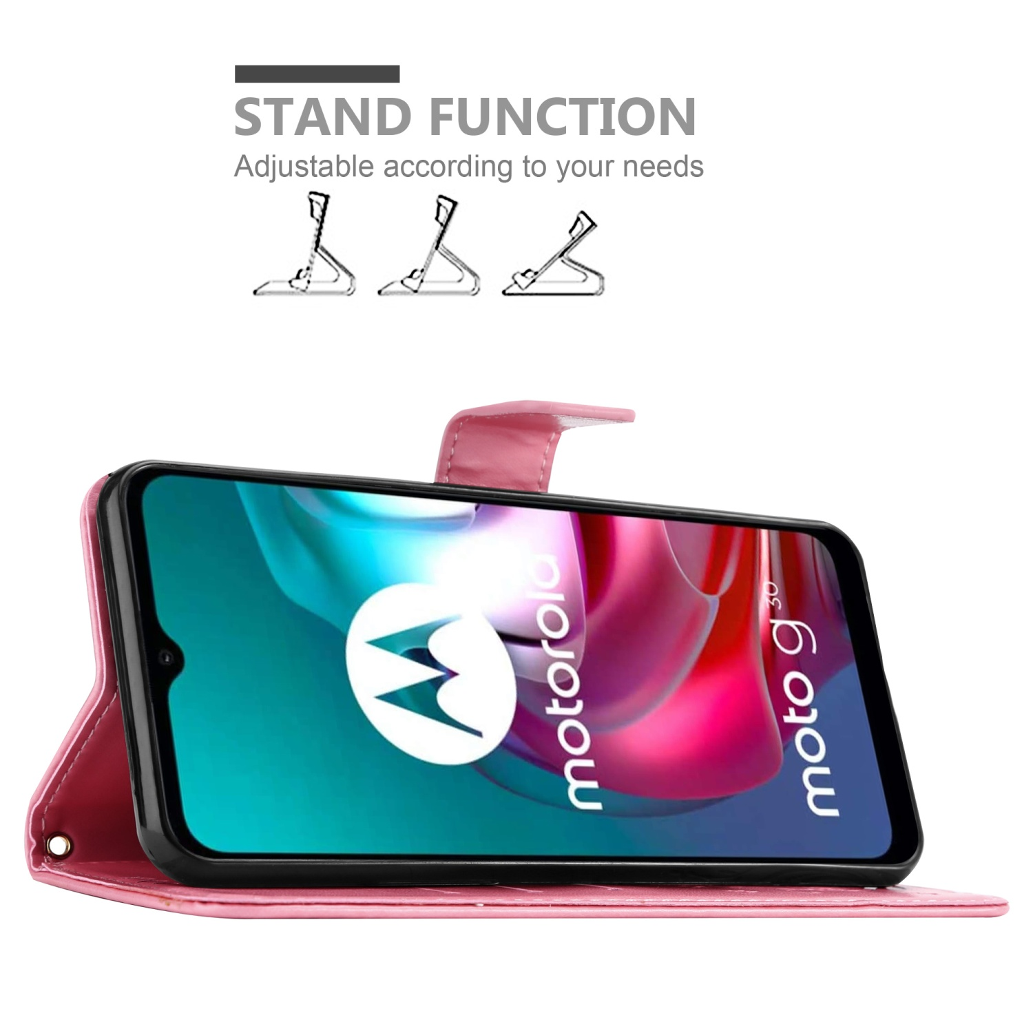 Custodia rosa per telefono aperta, telefono all'interno, funzione stand, con testo 'motorola moto g30' sul telefono.