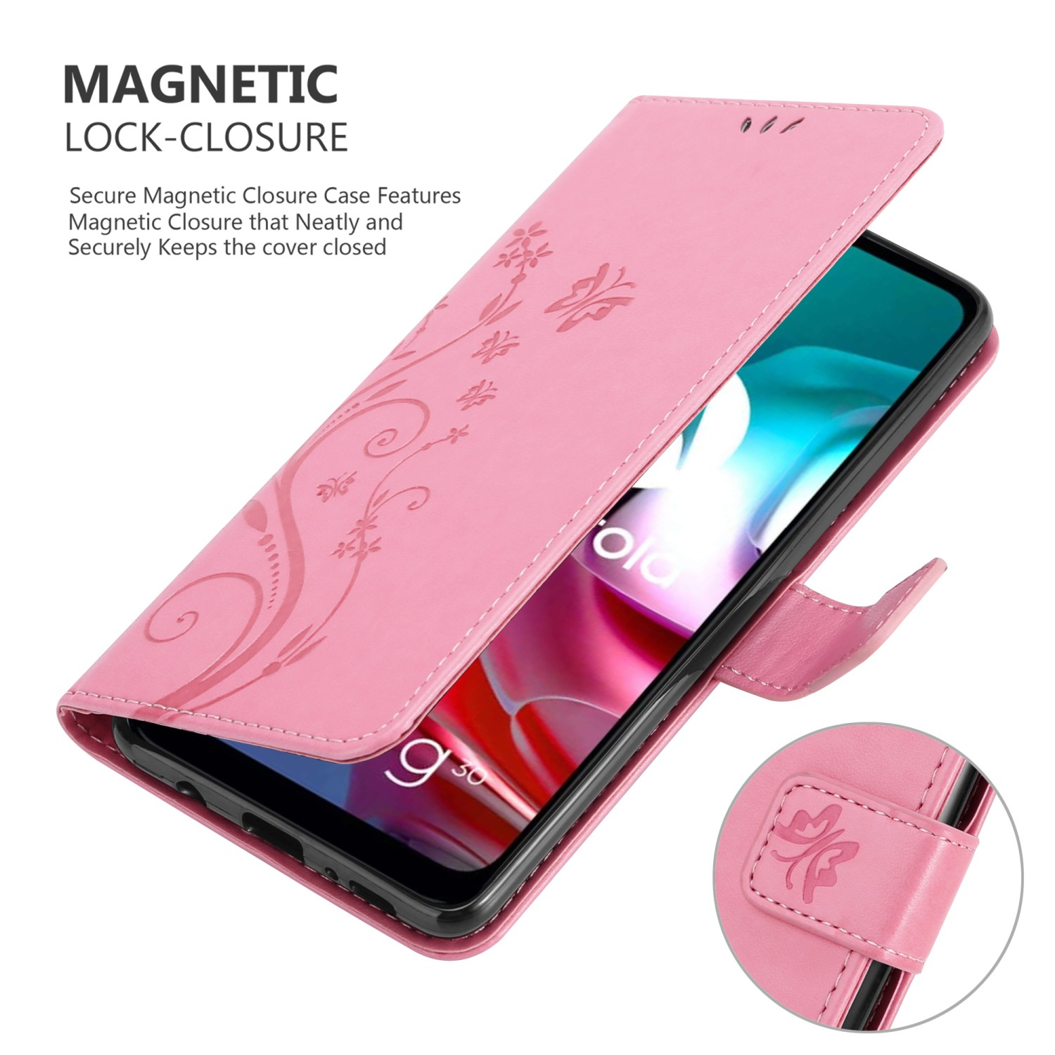 Custodia per telefono rosa, telefono all'interno. Design floreale sulla custodia. Chiusura magnetica.