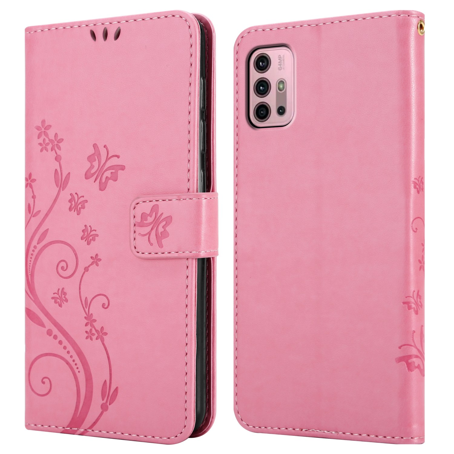 Custodia per telefono rosa con design floreale, mostrata aperta. Telefono e retro della custodia visibili.