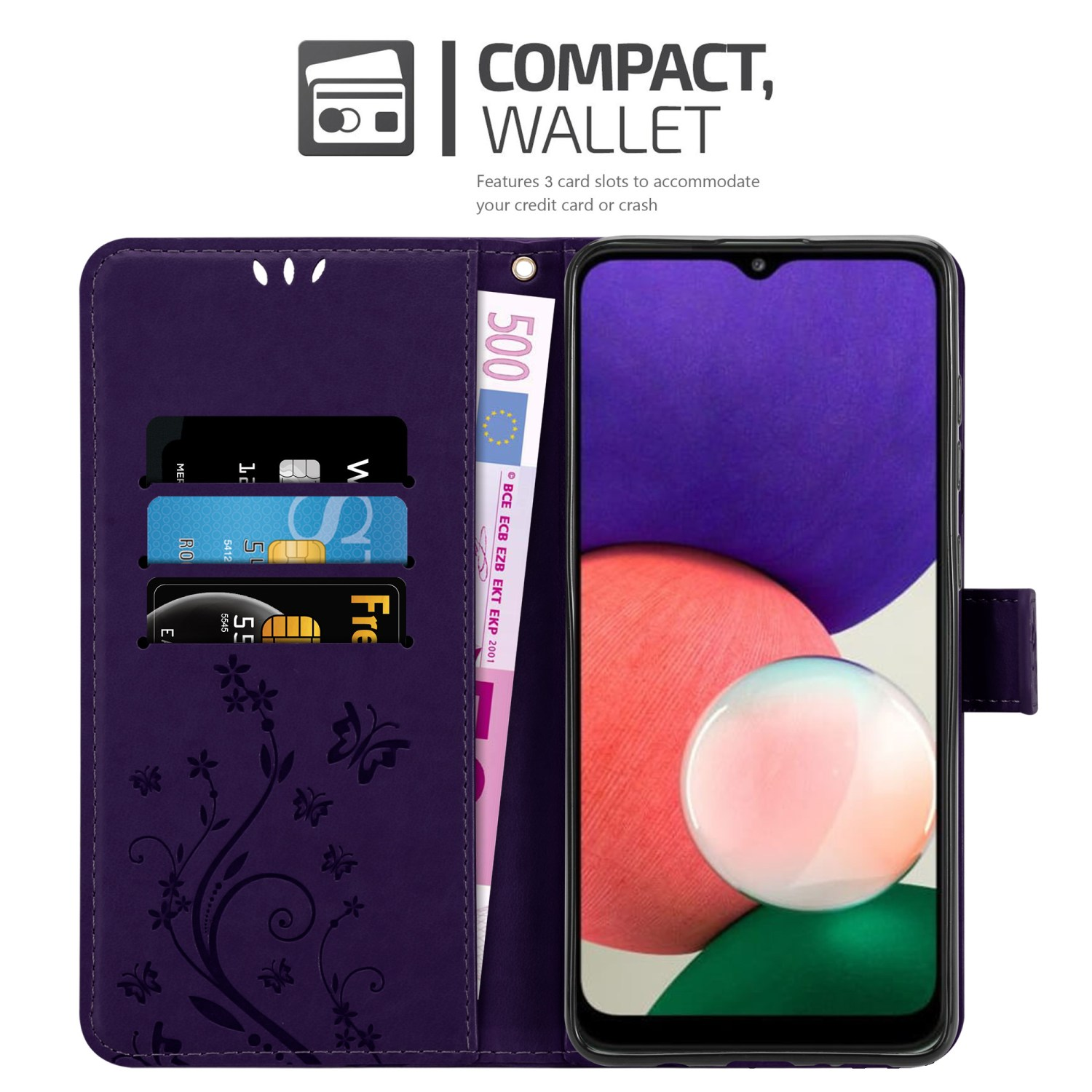 Custodia viola per telefono, aperta, con carte e telefono. Design floreale.