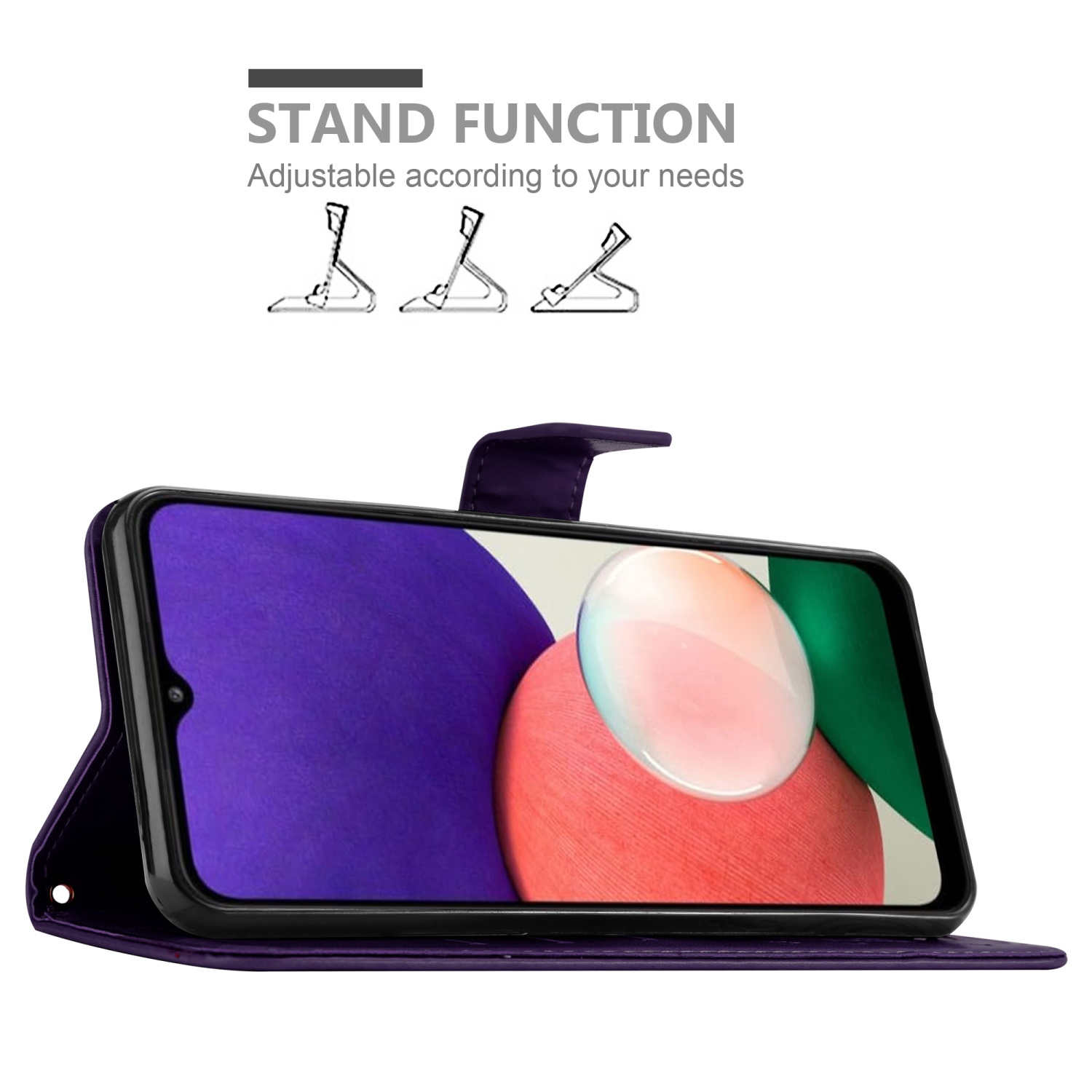 Custodia per telefono viola con un telefono che mostra uno schermo colorato. La custodia ha una funzione di supporto.