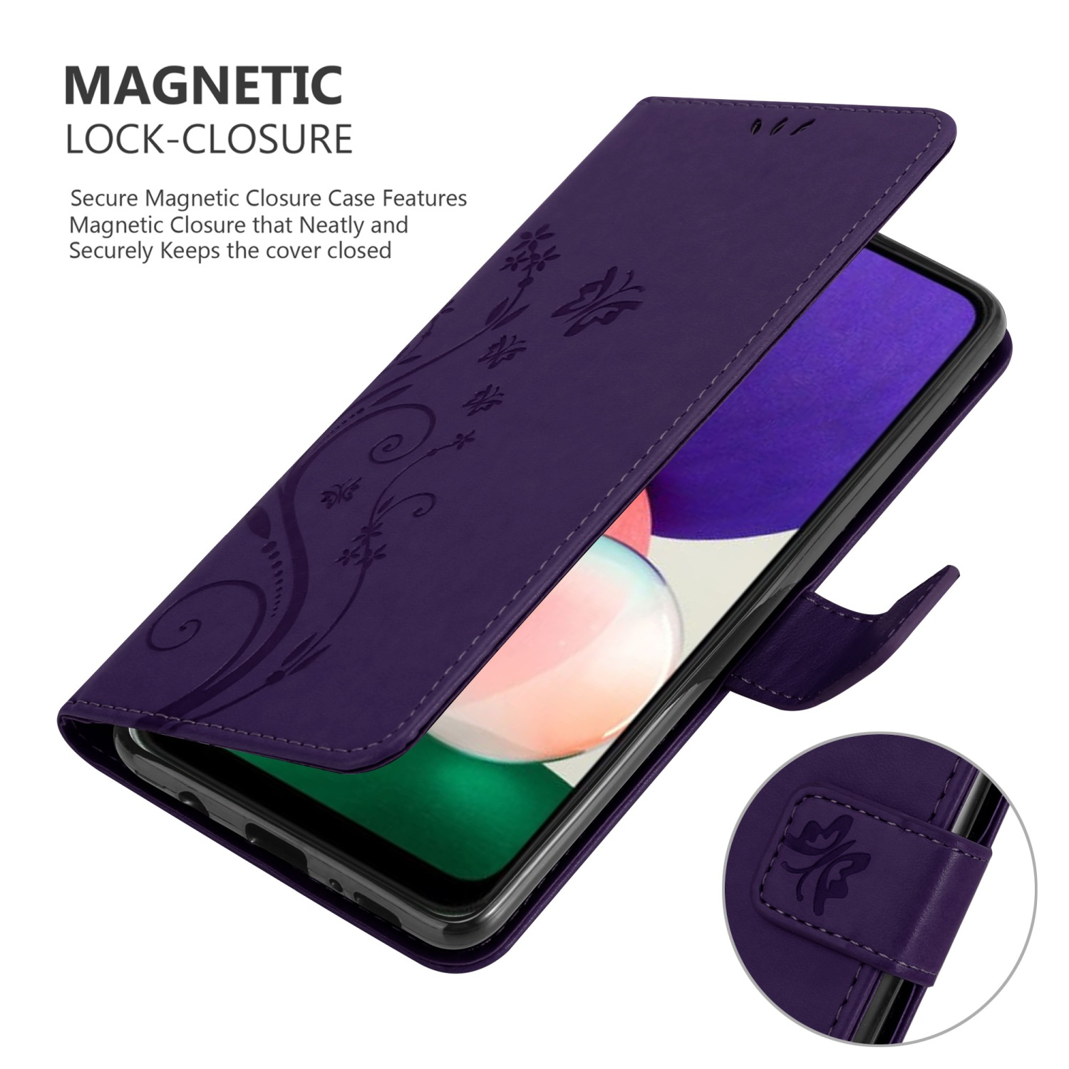Custodia per telefono viola, design floreale, con chiusura magnetica.
