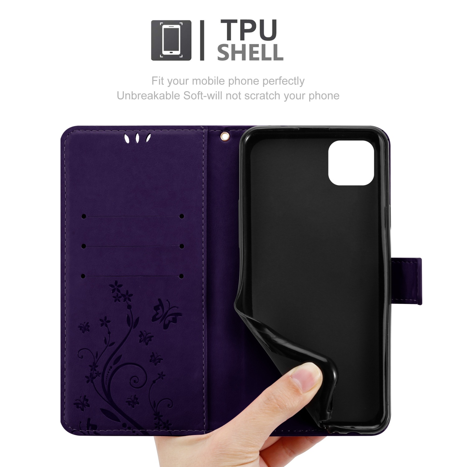 Custodia viola per telefono con una mano che tiene il telefono. Testo: Guscio in TPU. Adatta perfettamente il tuo telefono.