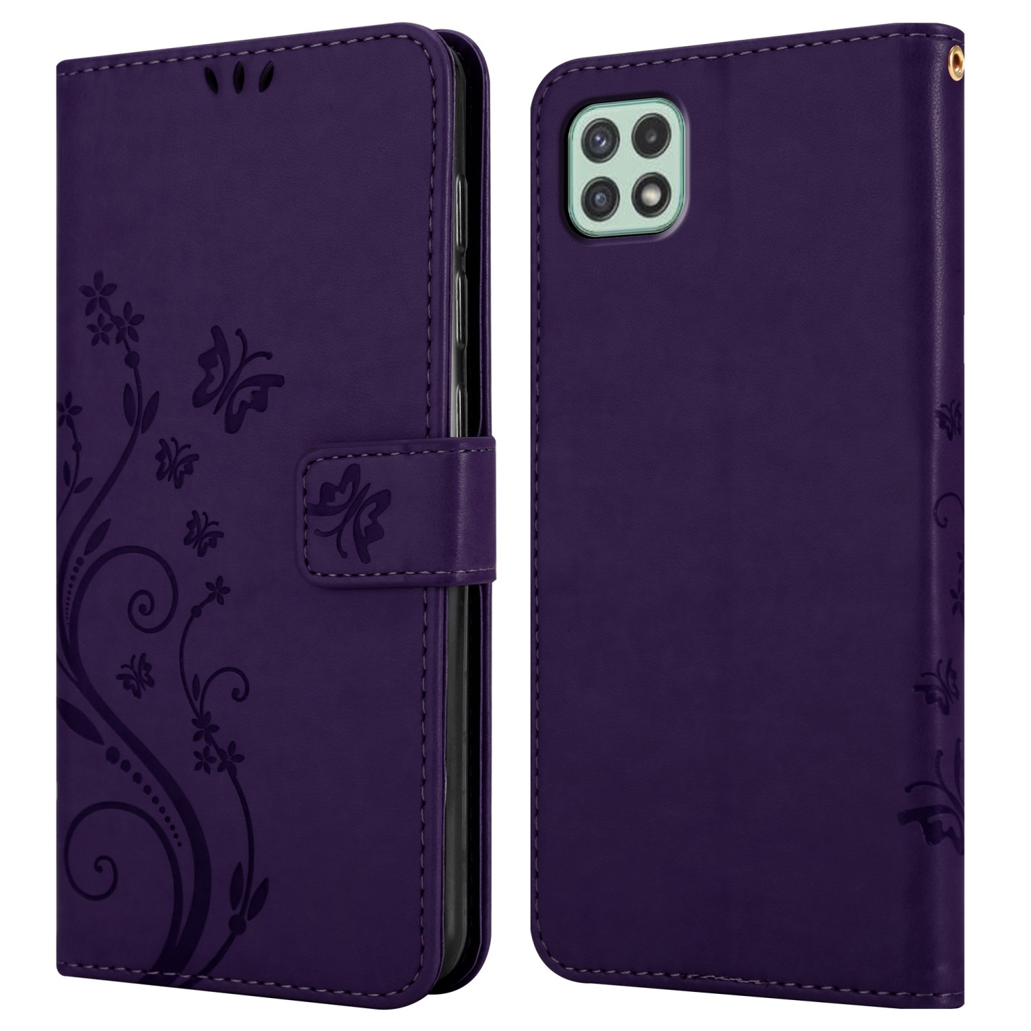 Custodia per telefono viola con design floreale. La custodia è chiusa. La fotocamera del telefono è visibile.