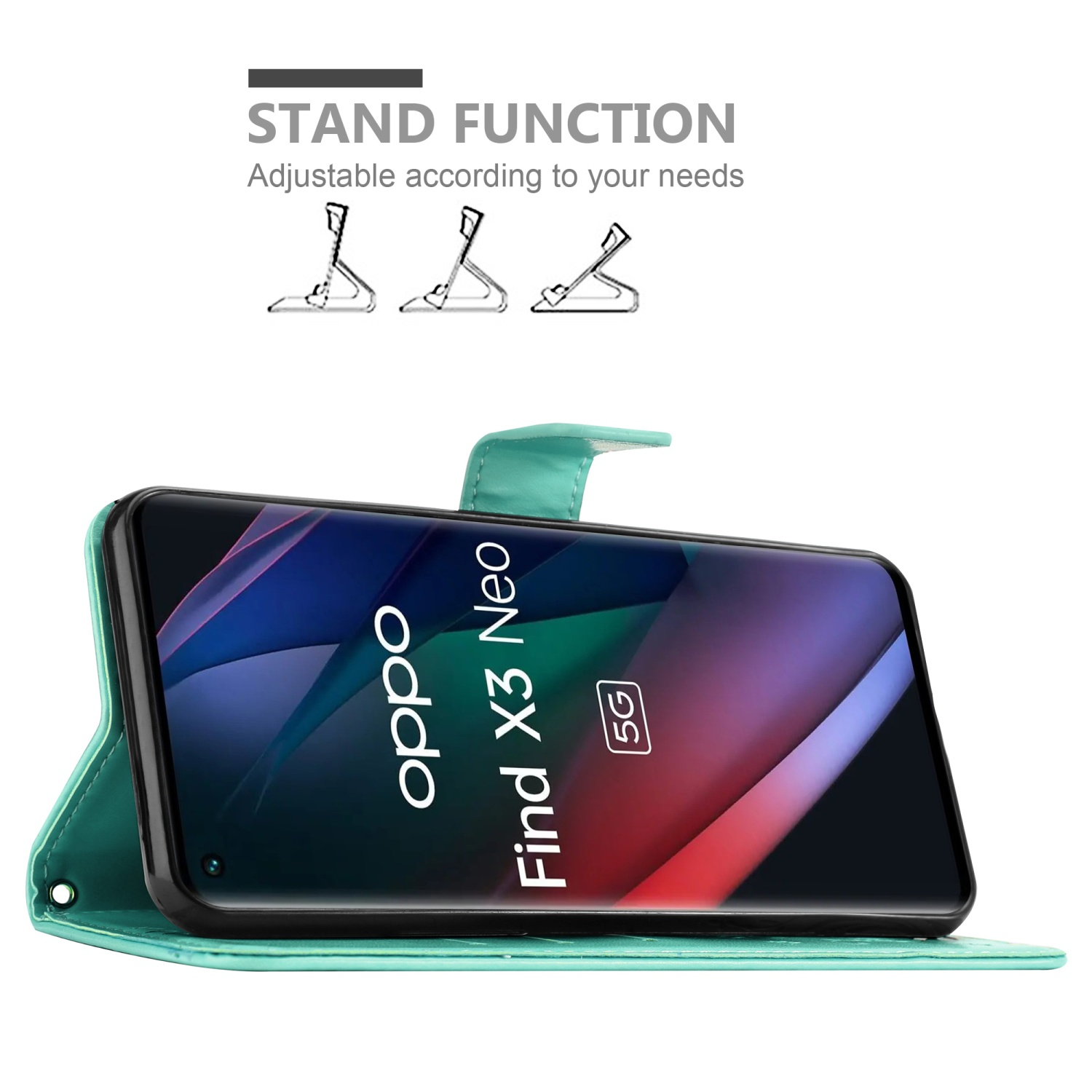 Türkisfarbenes Handy-Etui offen mit Telefon und Bildschirm. Auf dem Telefon steht 'Oppo Find X3 Neo 5G'.