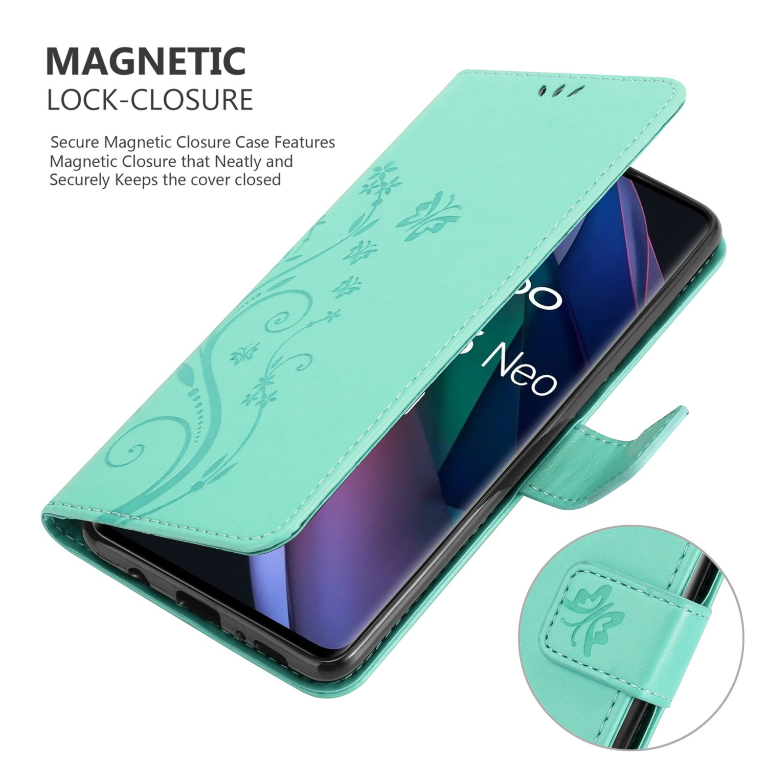 Eine türkis Handyhülle mit Blumendesign, geöffnet, um ein Telefon zu zeigen, und ein Verschluss mit Blumendesign.