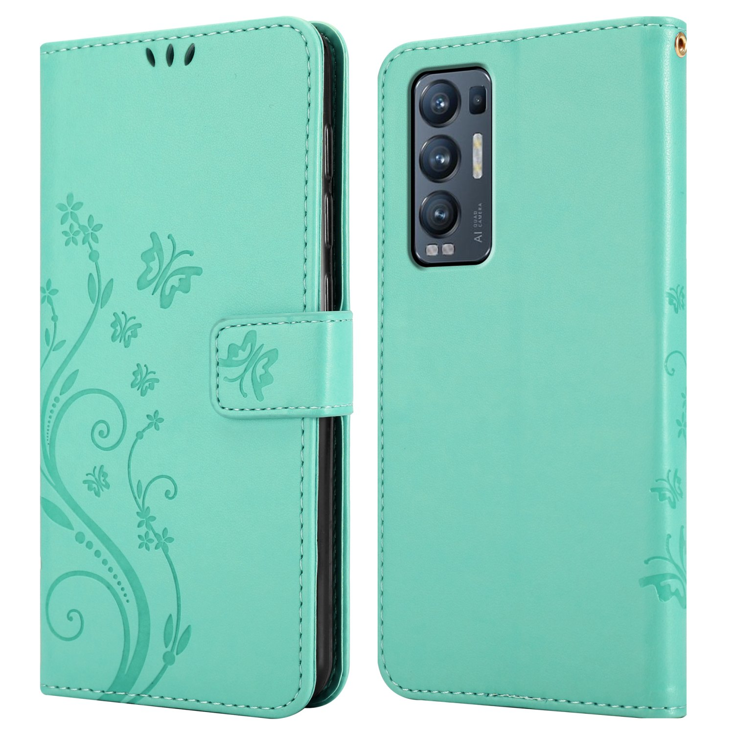 Türkisfarbene Handyhülle, offen und geschlossen. Mit floralen Designs und Schmetterlingsprägungen. Drei Kameras.