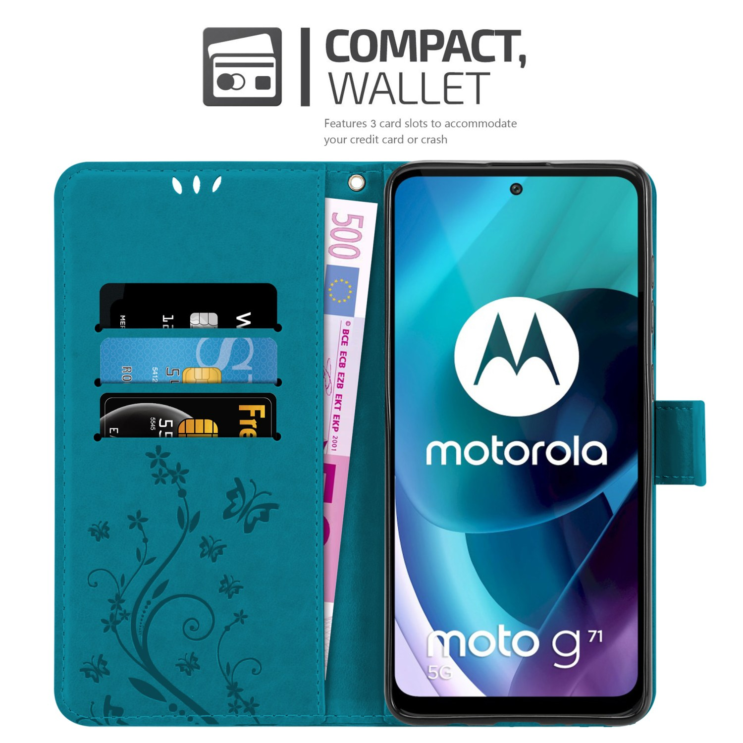 Custodia verde acqua aperta con carte e contanti. Telefono Motorola visibile. Motivo floreale sulla custodia.