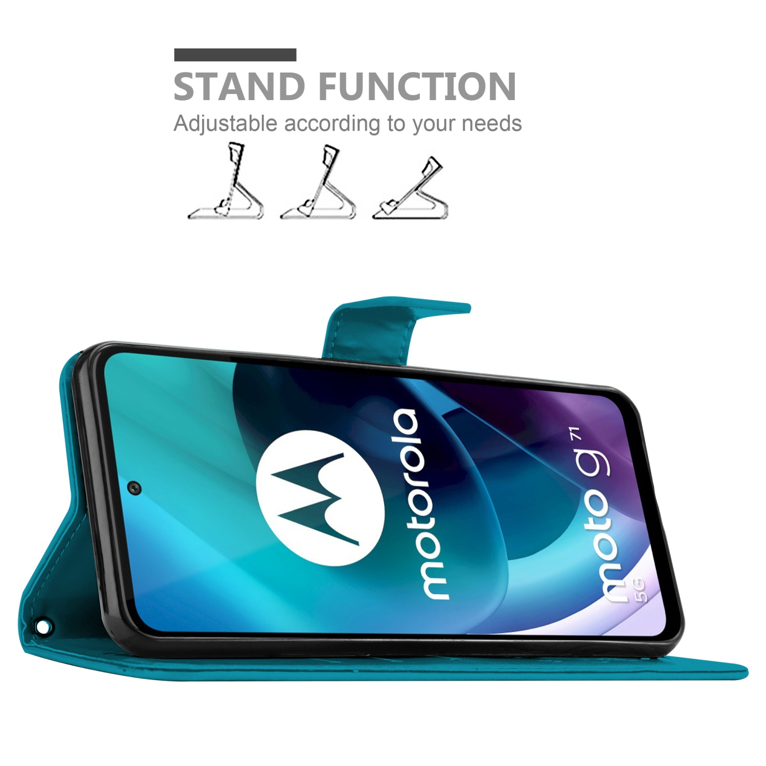 Custodia teal, aperta, con telefono che mostra il logo Motorola e moto g71.