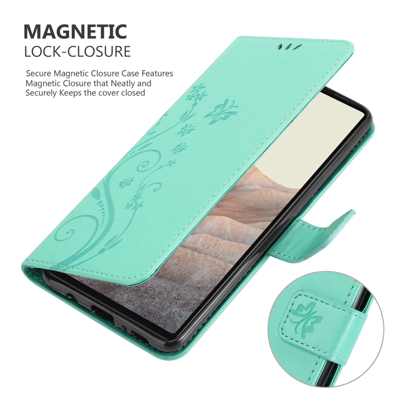 Custodia per telefono turchese con design floreale, aperta, con telefono all'interno. Mostra la chiusura magnetica con un fermaglio.