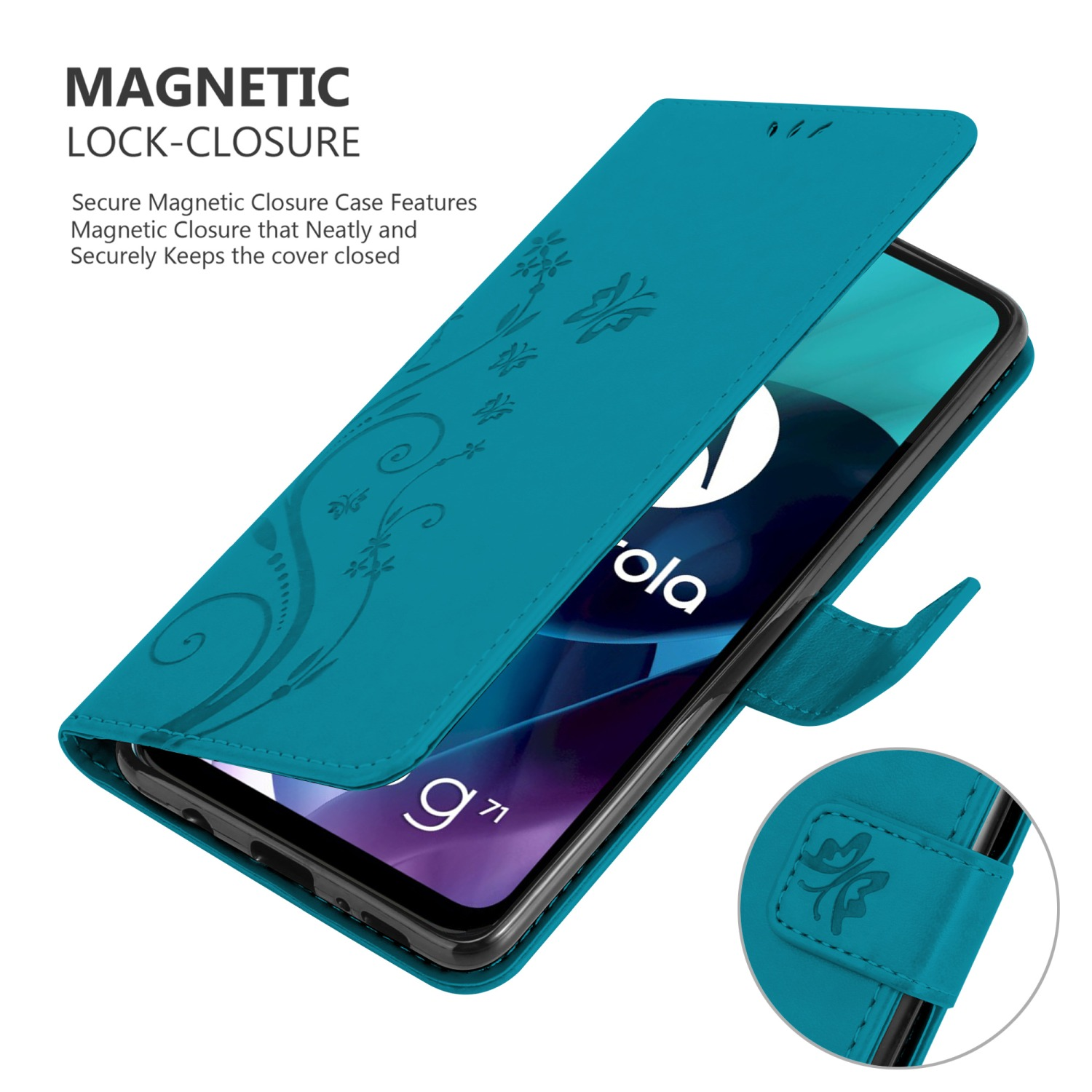 Custodia del telefono verde acqua aperta, design floreale, chiusura magnetica. Schermo del telefono con logo visibile.