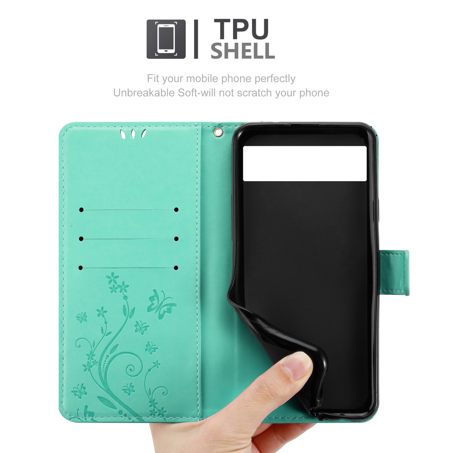 Custodia per telefono verde acqua aperta, tiene un telefono nero. Presenta un design floreale e farfalle.