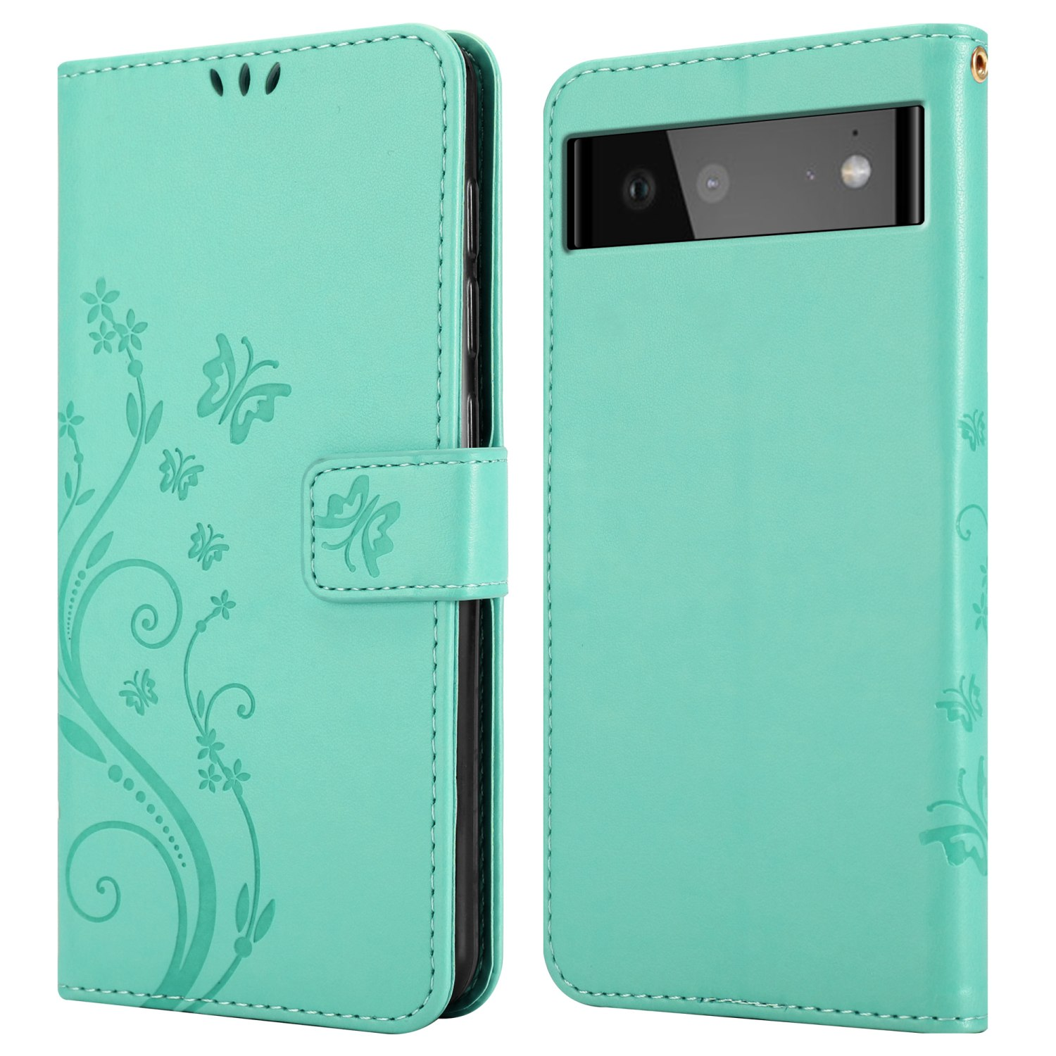 Custodia verde acqua con design floreale, aperta per mostrare il telefono.