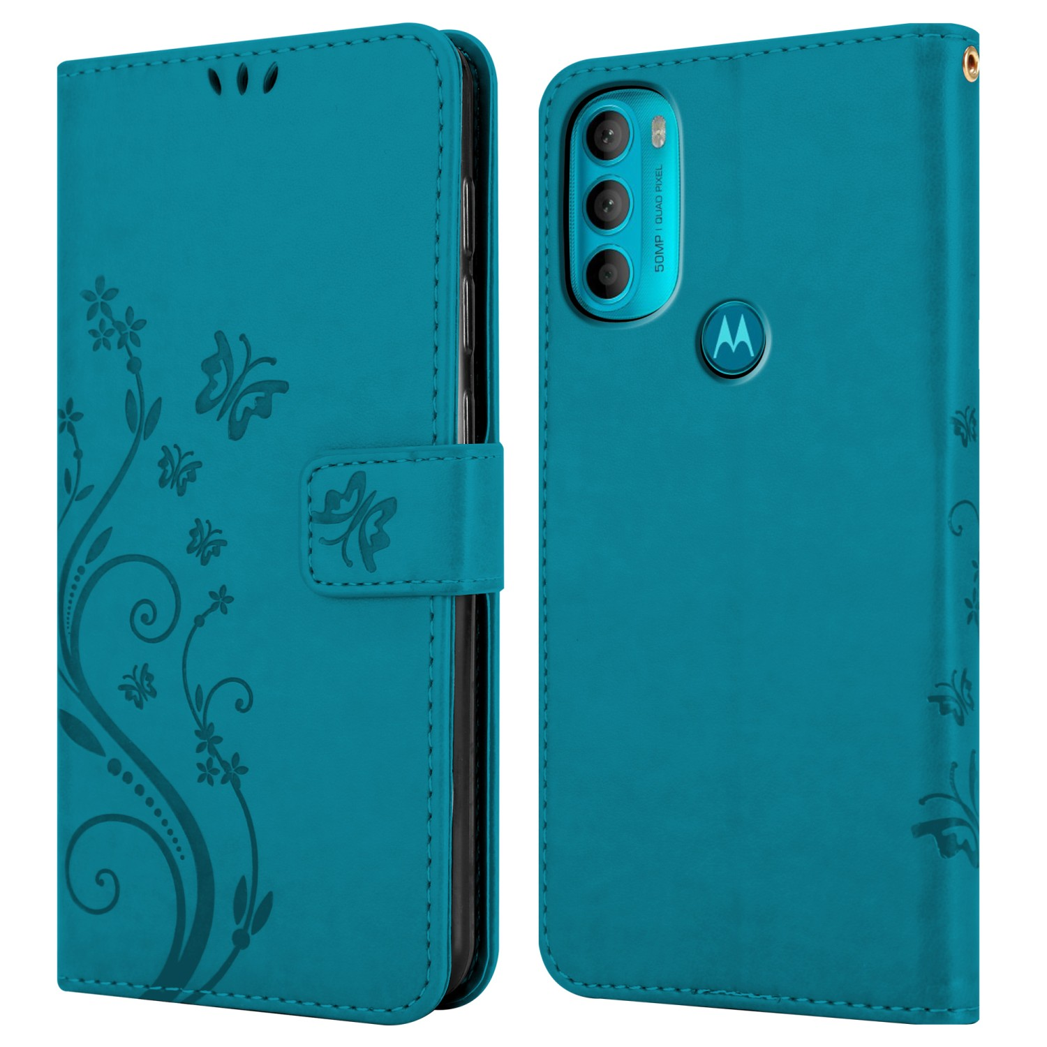Una custodia per telefono color teal con un design floreale e farfalle con chiusura magnetica.