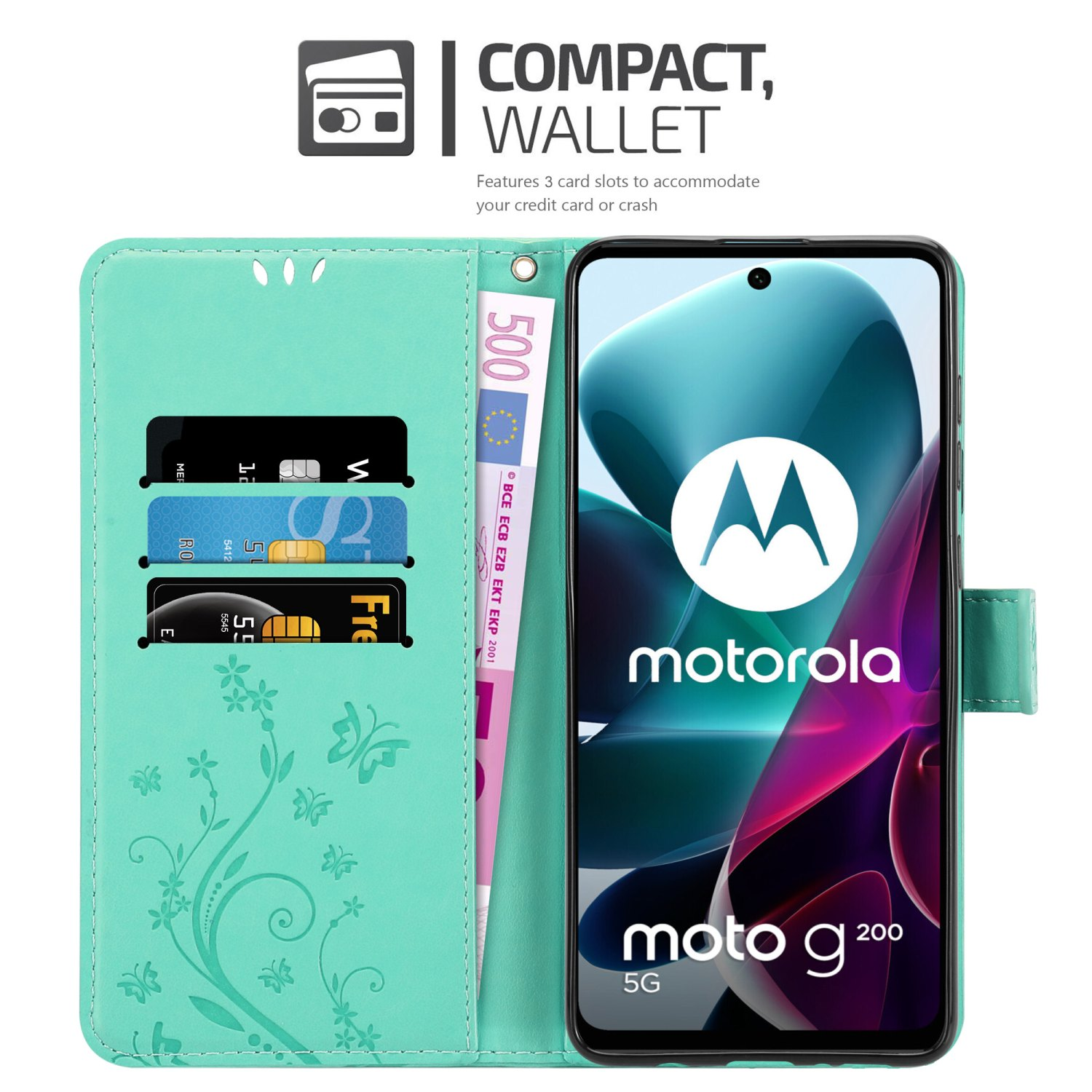 Custodia turchese con carte e denaro all'interno, che mostra un telefono Motorola. Ha slot per carte e una chiusura magnetica.