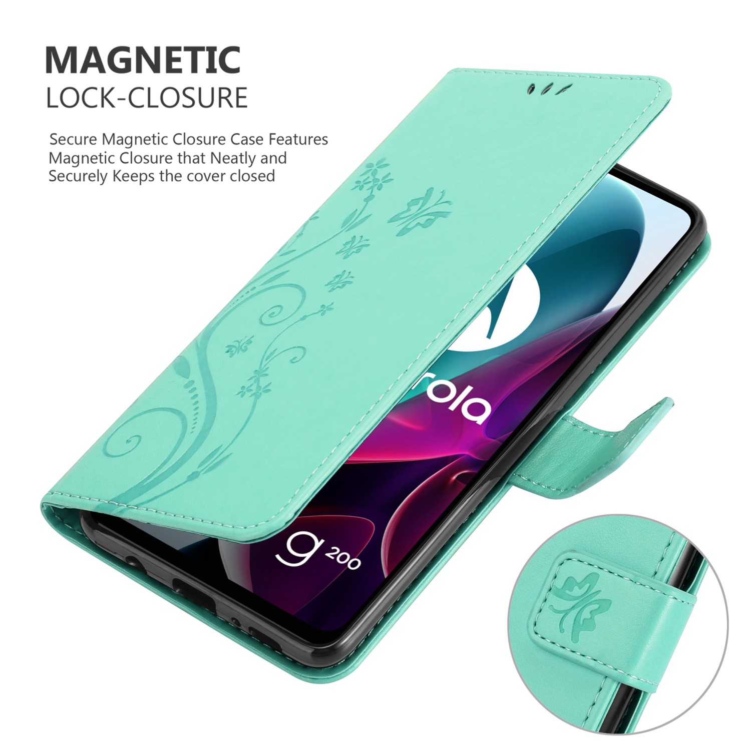 Custodia per telefono verde con motivo floreale, chiusura magnetica.