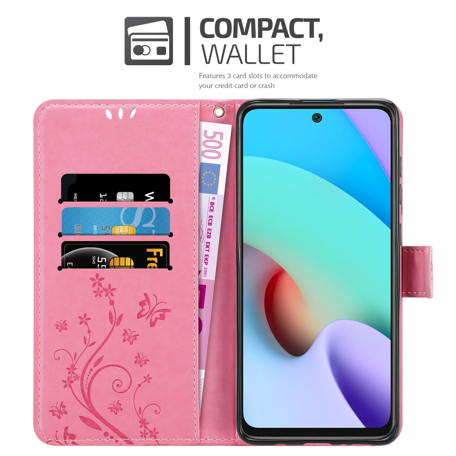 Una custodia rosa aperta, che mostra carte e un telefono. Sono visibili motivi floreali decorativi.