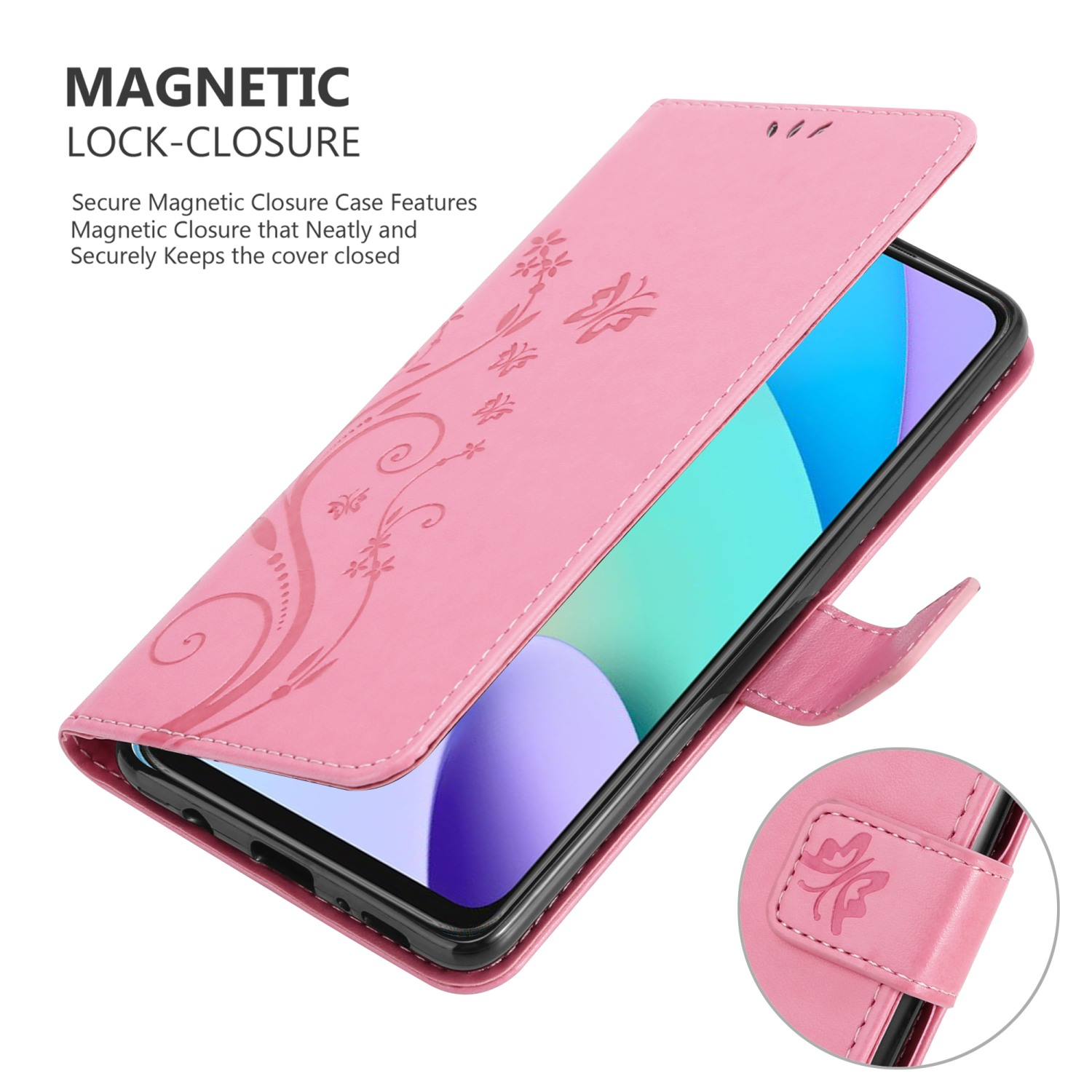 Una custodia per telefono rosa con chiusura magnetica, che mostra motivi floreali e caratteristiche di chiusura sicura.