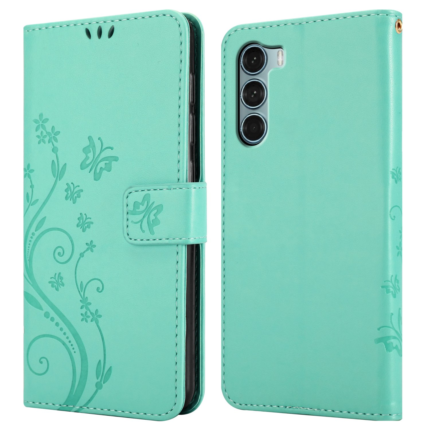 Una custodia per telefono verde acqua con motivi floreali, aperta per mostrare il telefono. Presenta una chiusura magnetica.