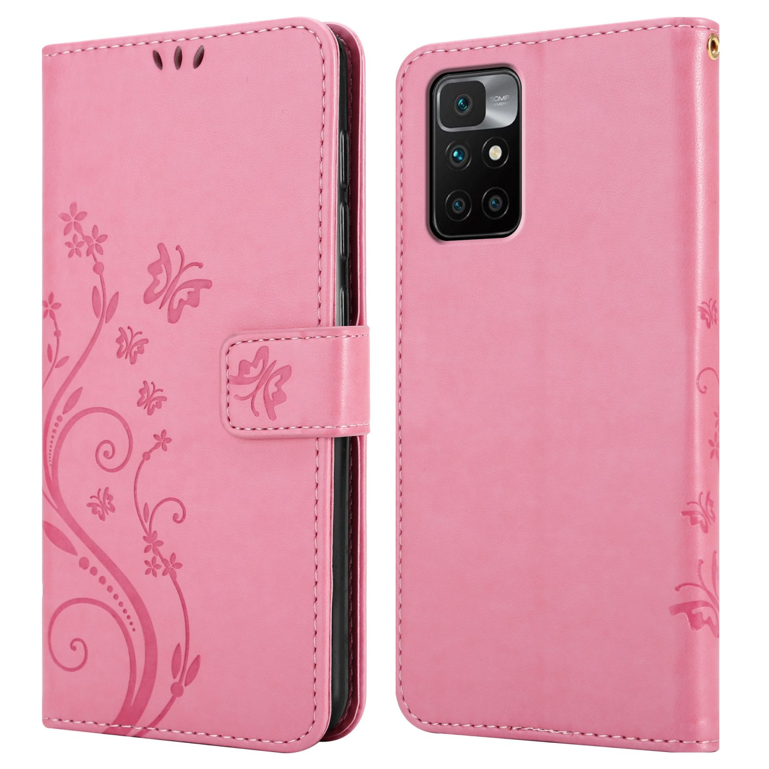 Una custodia per telefono rosa, chiusa e aperta, con un design floreale. Il telefono è rosa e a destra.