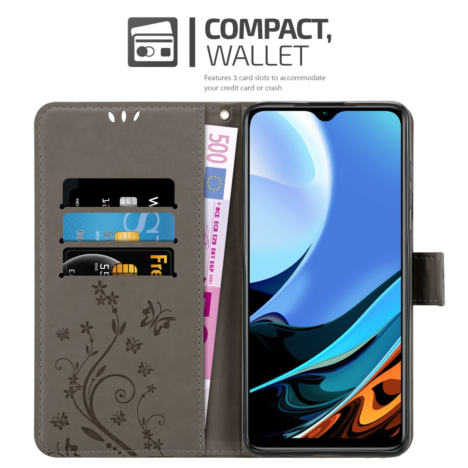 Custodia grigia aperta con 3 slot per carte, una banconota da 500 euro e un telefono. Design floreale sulla custodia.