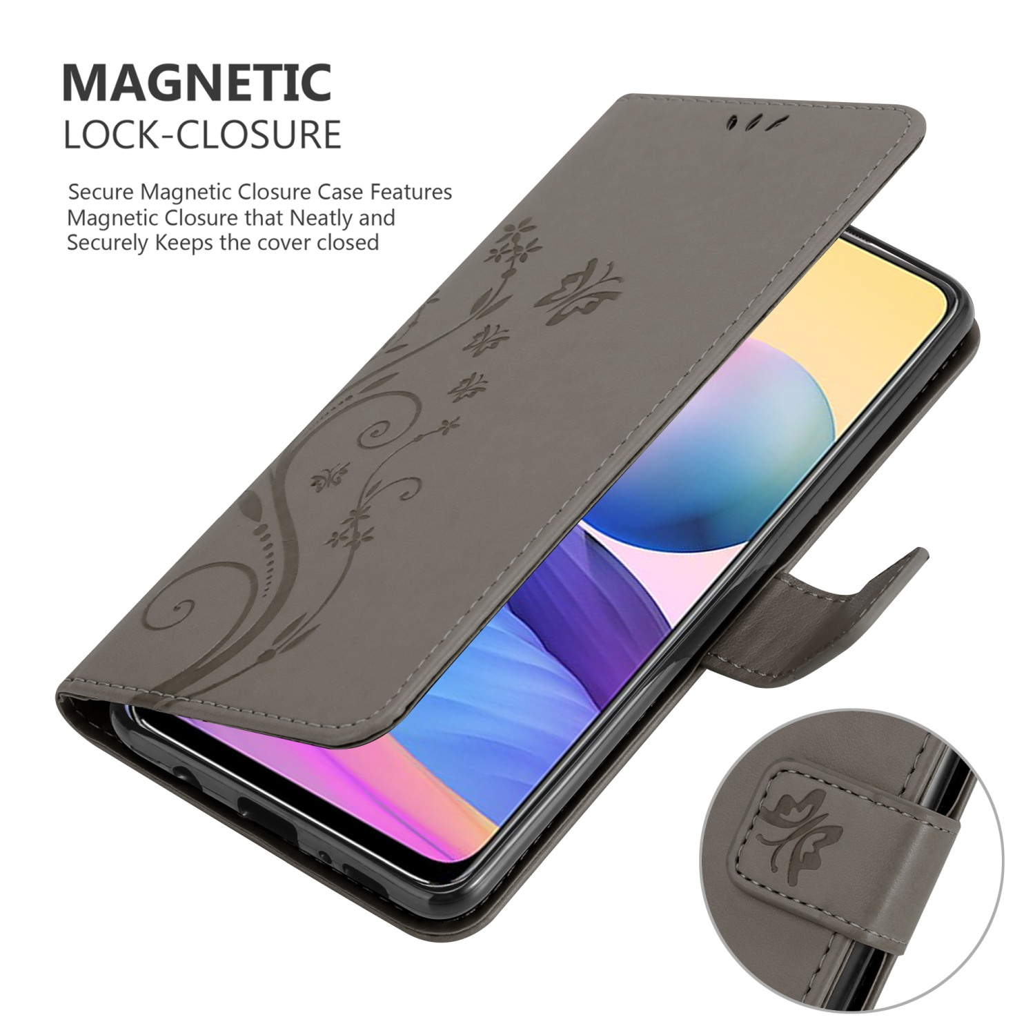 Custodia grigia per telefono con motivo floreale, aperta. Schermo visibile. Testo: Chiusura magnetica.