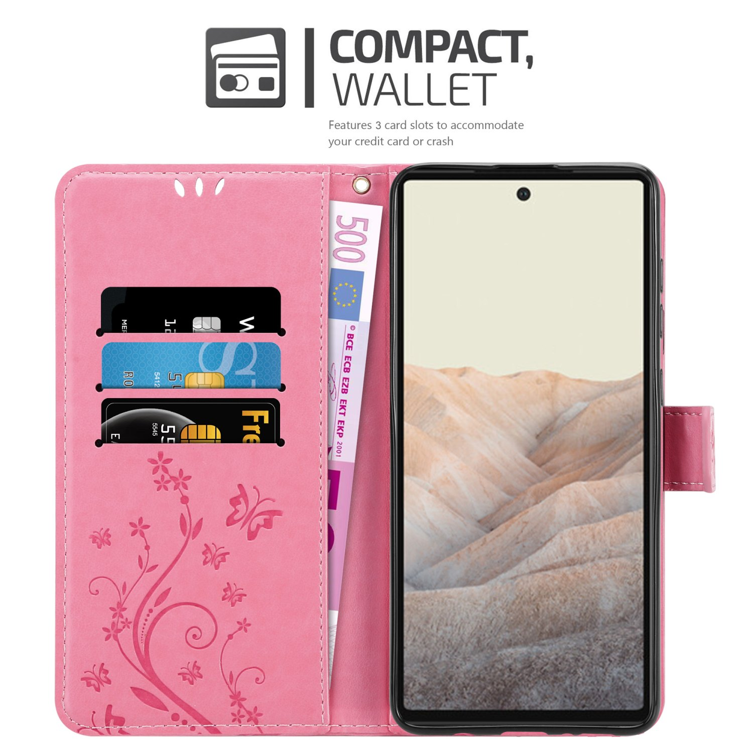 Custodia a portafoglio rosa con telefono, carte e banconota da 500€. Sfondo bianco. Testo: Portafoglio compatto.