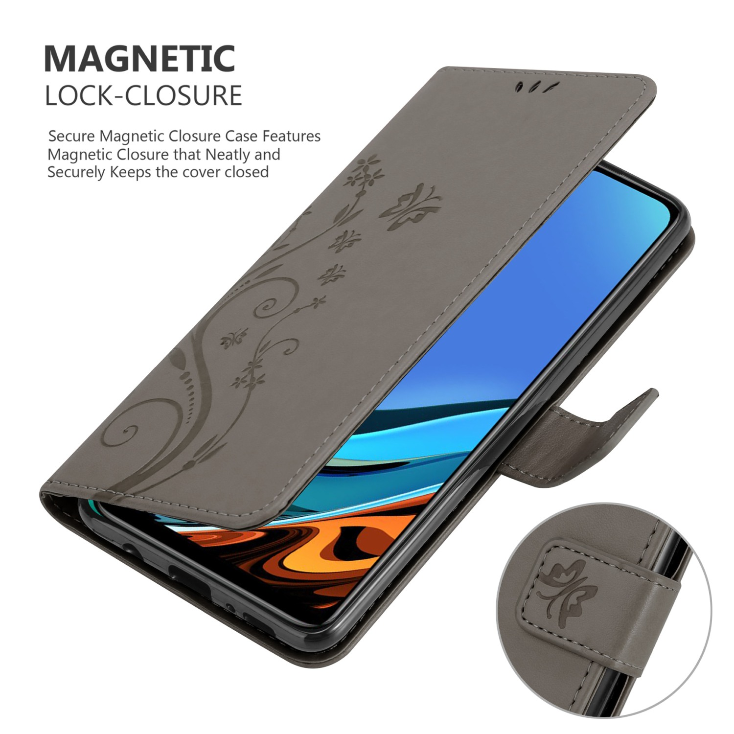 Una custodia grigia, aperta, con un design floreale. Lo schermo del telefono è visibile. Chiusura magnetica visualizzata.